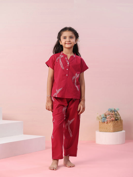 Sparrow Bird Printed Cotton Kids Night Suit