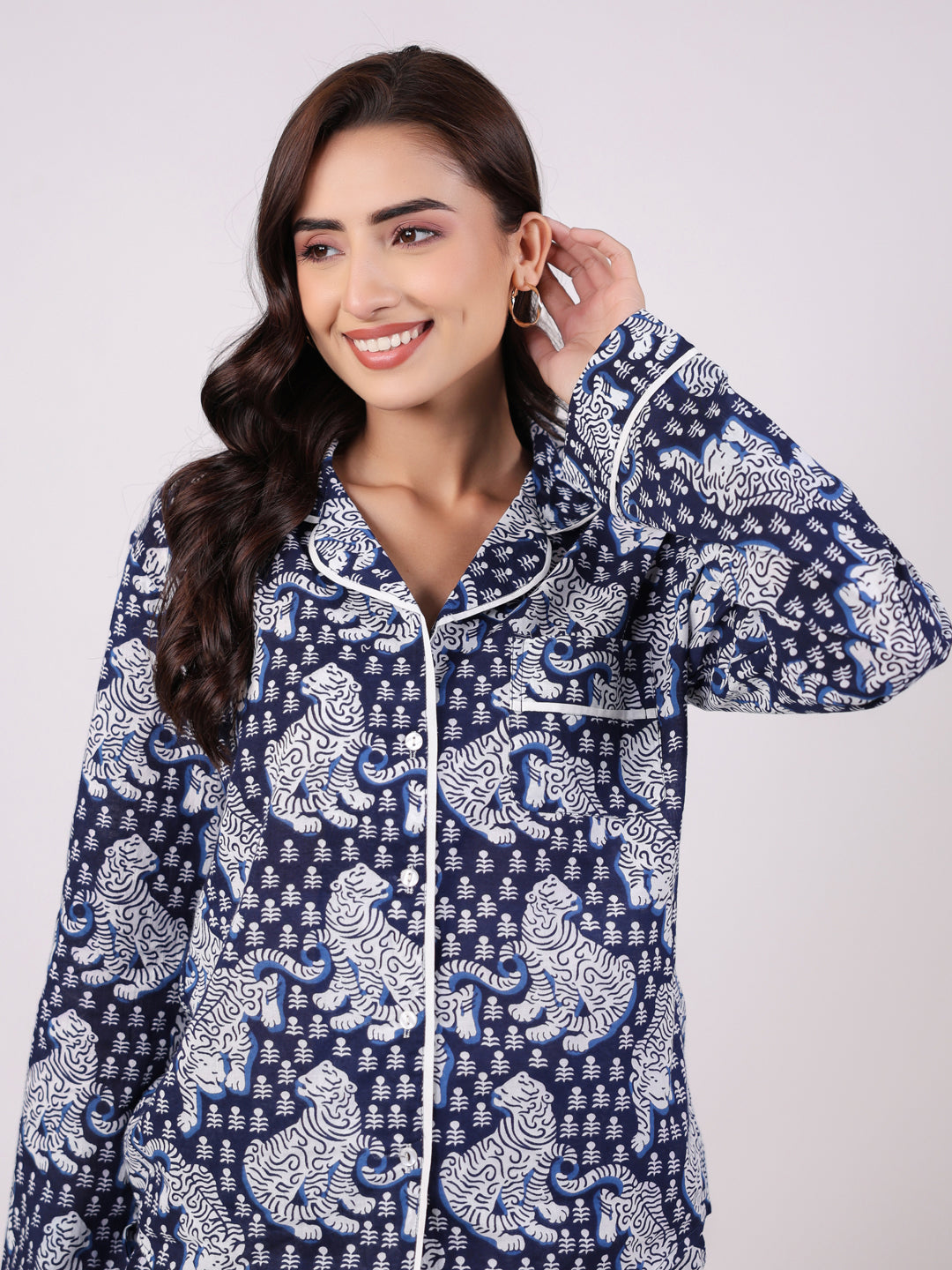 Flower Printed Blue Night Suit Set