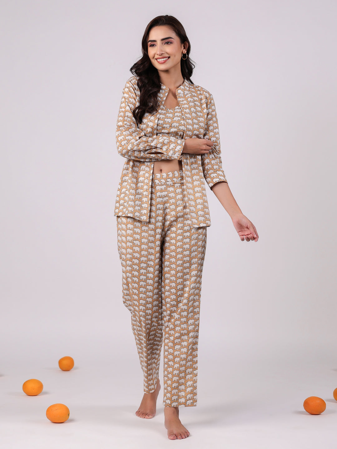 3 Pcs Cotton Printed Night Suit Set