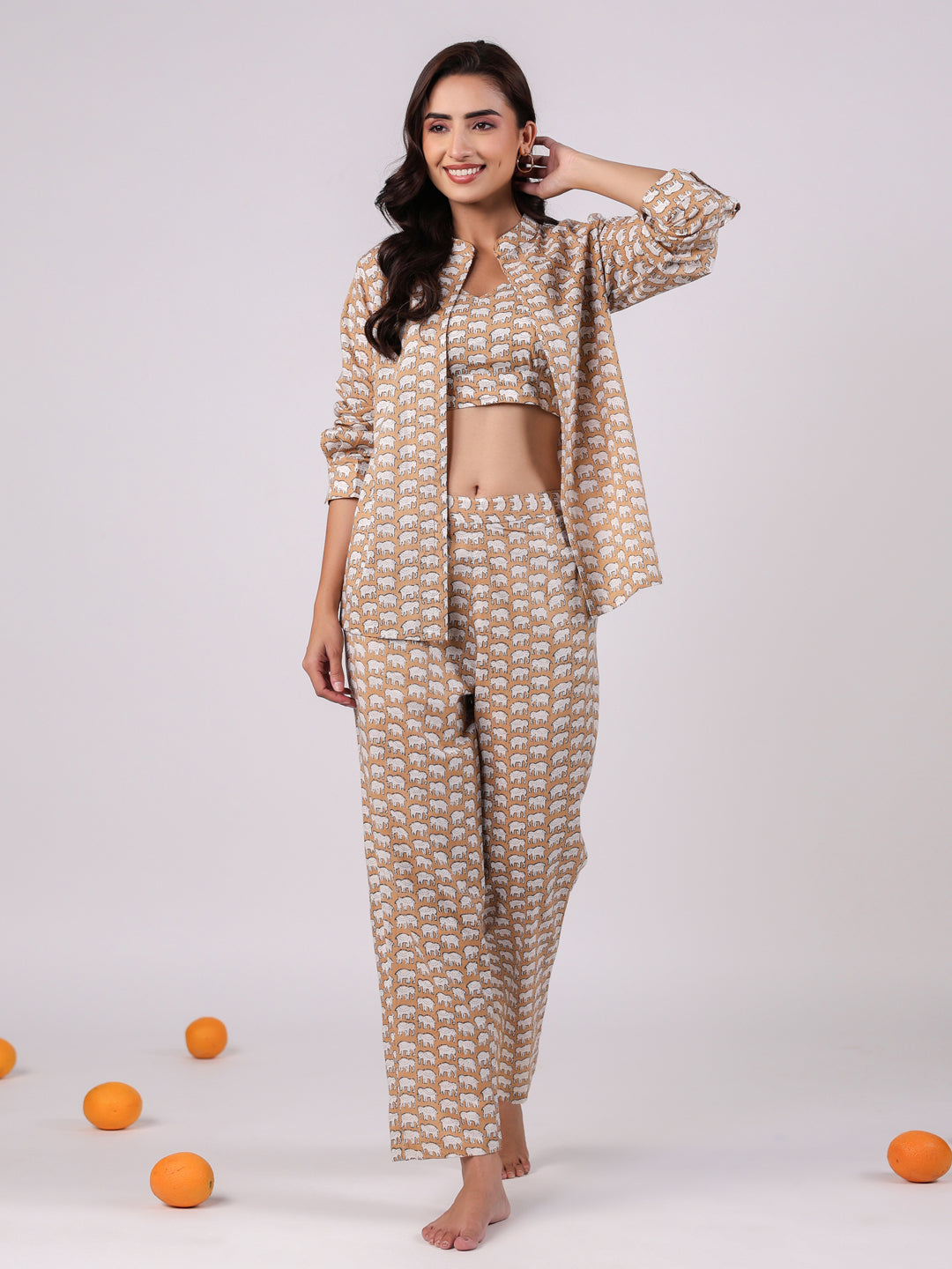 3 Pcs Cotton Printed Night Suit Set