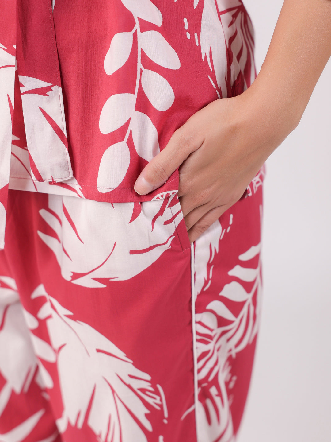 Pink Flower Printed Night Suit Set