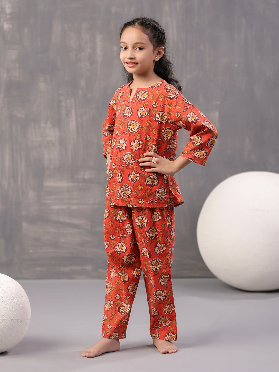 Orange Flower Printed Cotton Kids Night Suits - SanskrutiHomes 