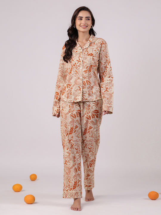 Orange Flower Printed Cotton Night Suit