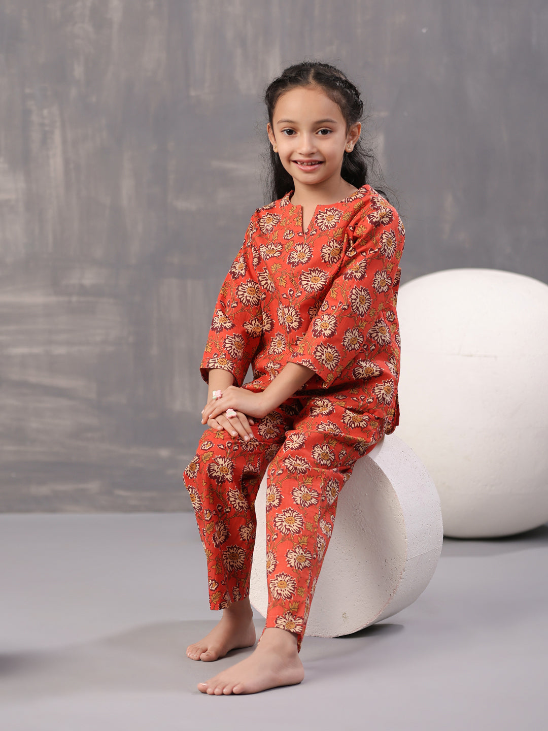 Orange Flower Printed Cotton Kids Night Suits - SanskrutiHomes 