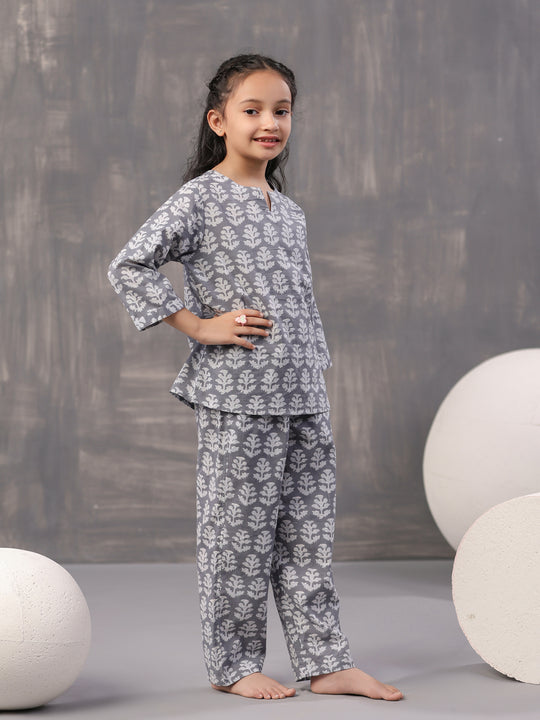 Flower Printed Cotton Kids Night Suit