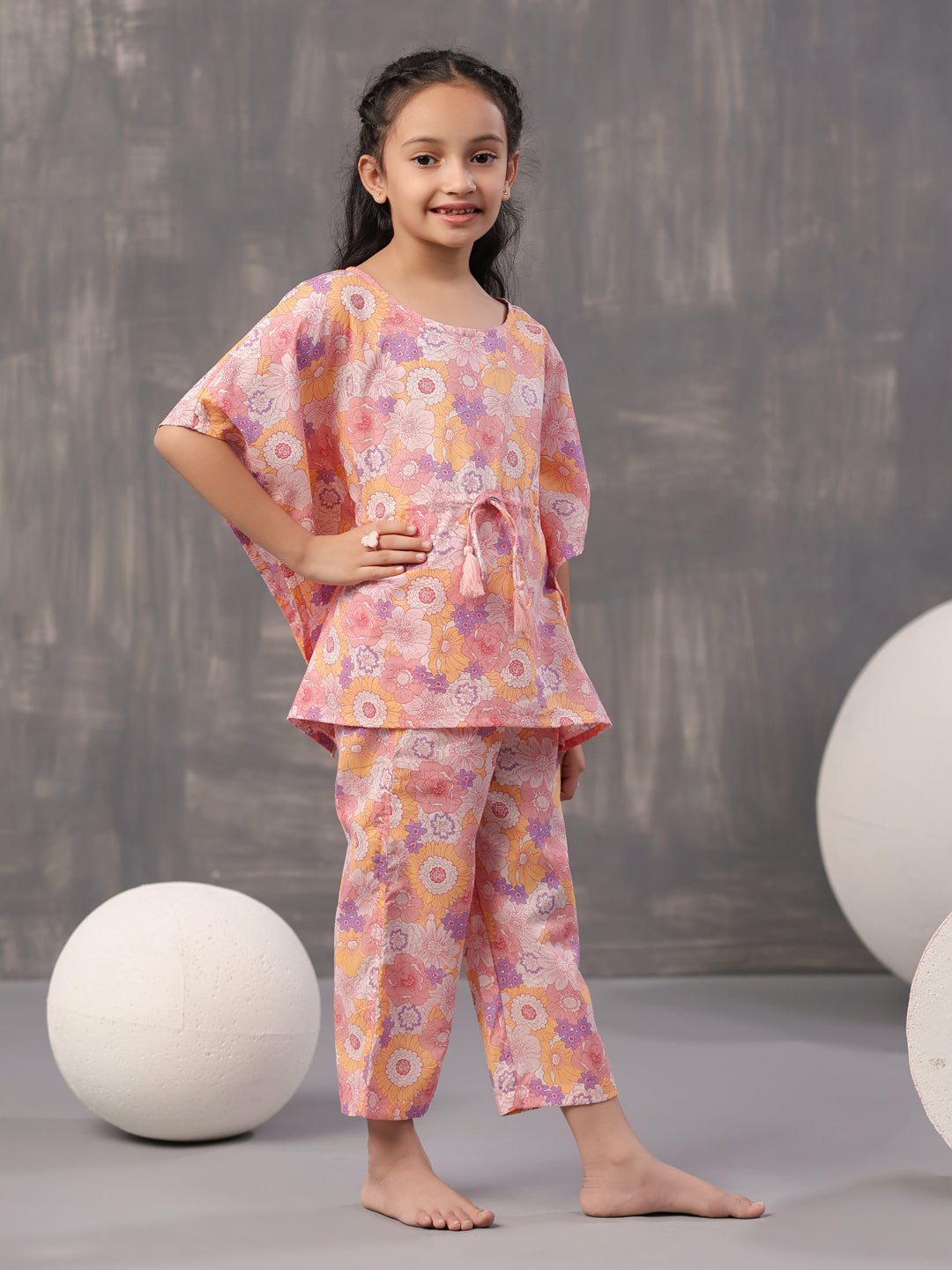 Multi Floral Printed Cotton Night Suit For Kids