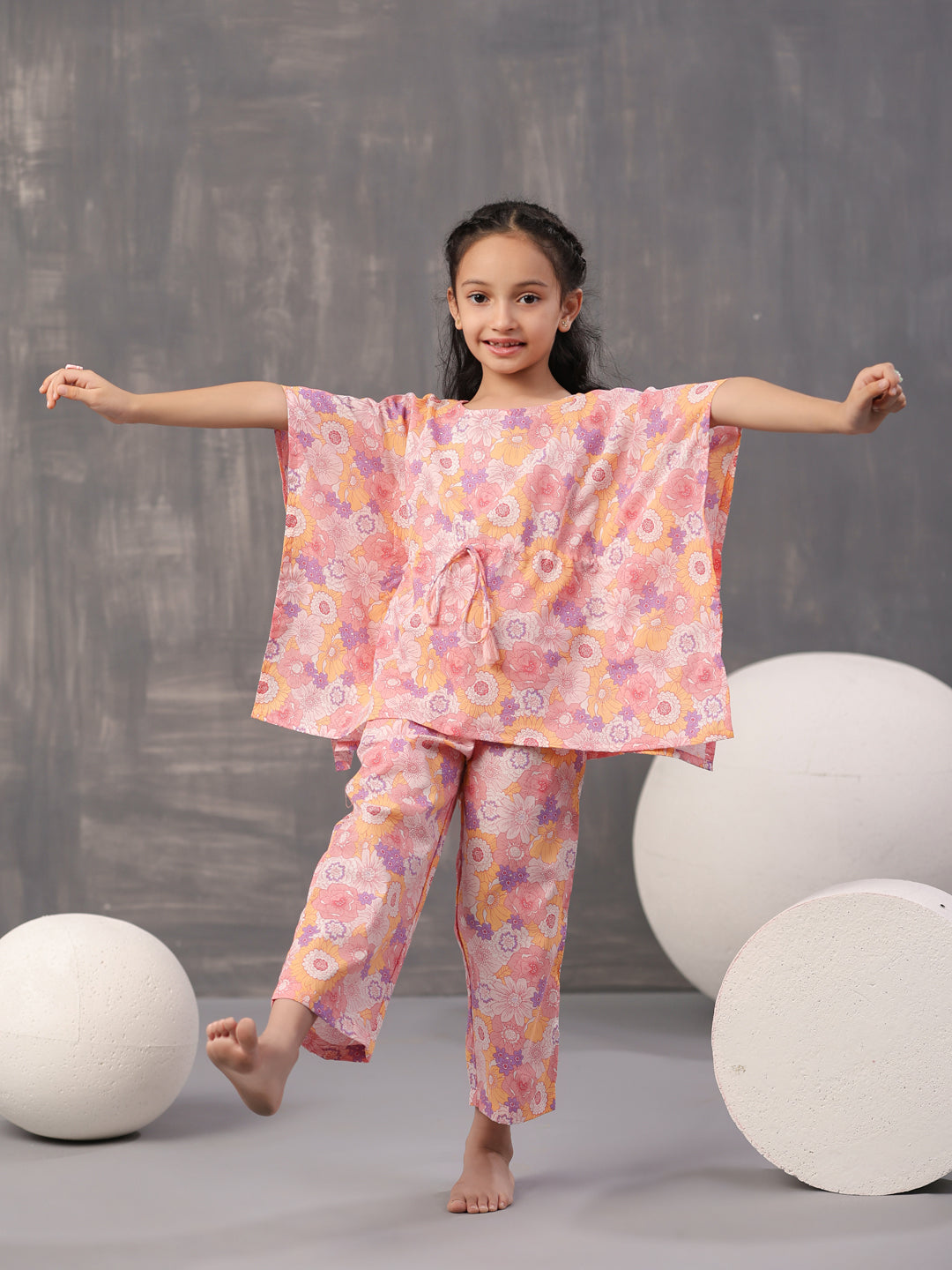 Multi Floral Printed Cotton Night Suit For Kids