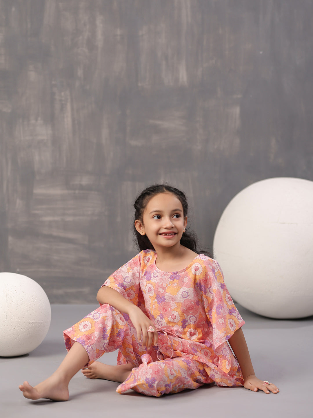 Multi Floral Printed Cotton Night Suit For Kids