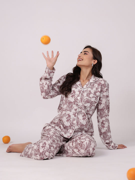 White Flower Printed Night Suit Set