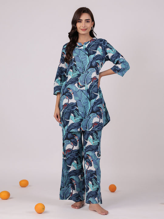 Blue Printed Cotton Night Suit Set