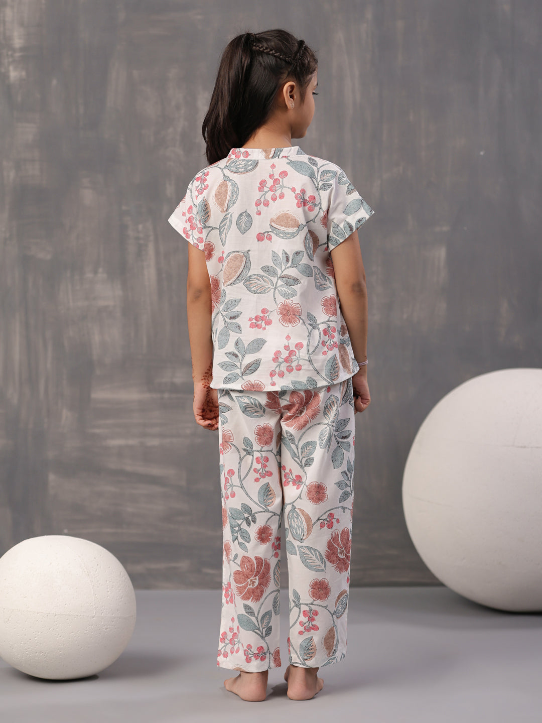 Multi Flower and Leaf Printed Cotton Kids Night Suits - SanskrutiHomes 