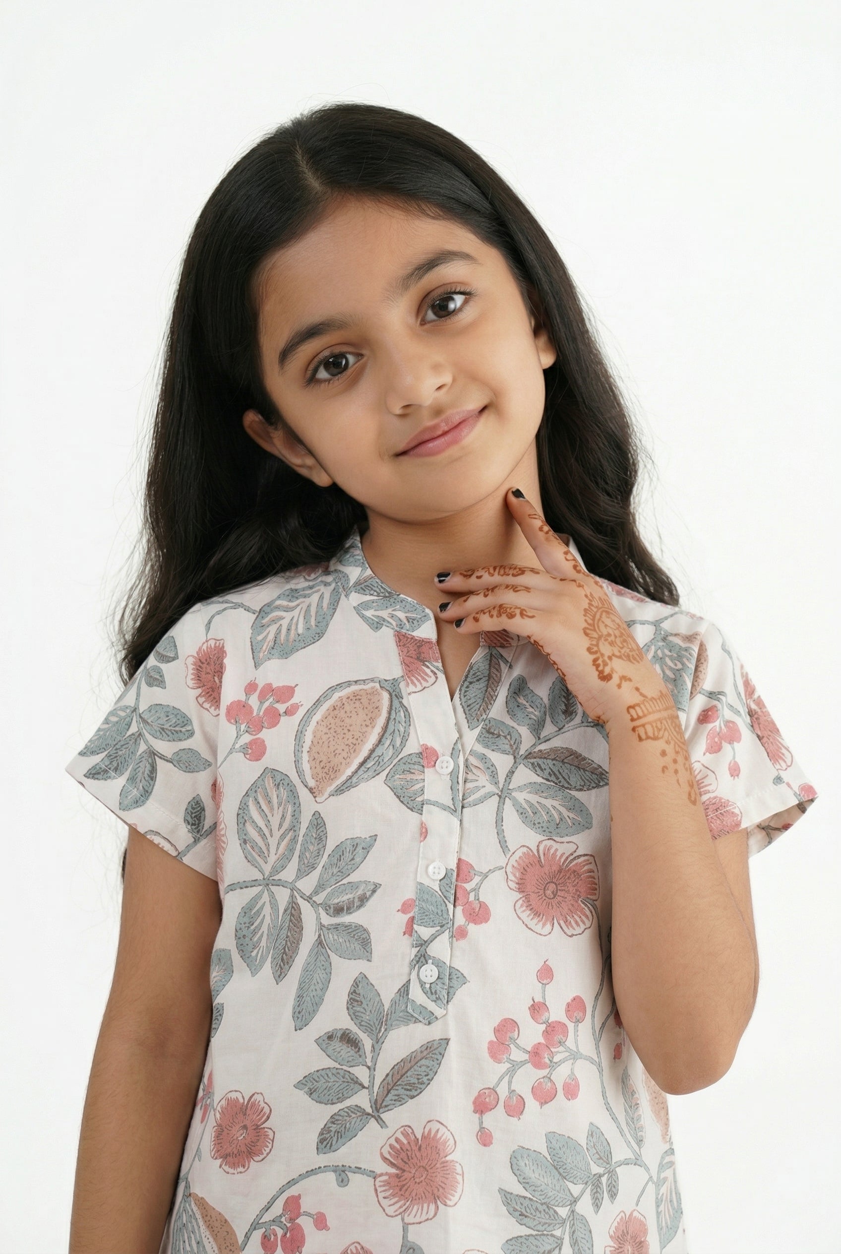 Multi Color Leaf Print Round Neck Cotton Night Suit For Kids