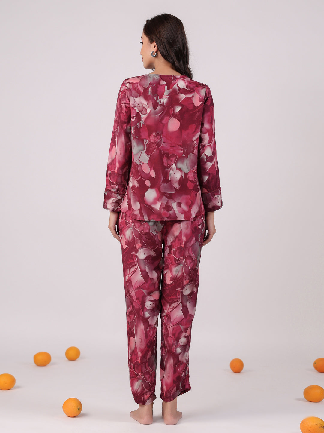 Floral Printed Megenta Color Night Suit Set - SanskrutiHomes 