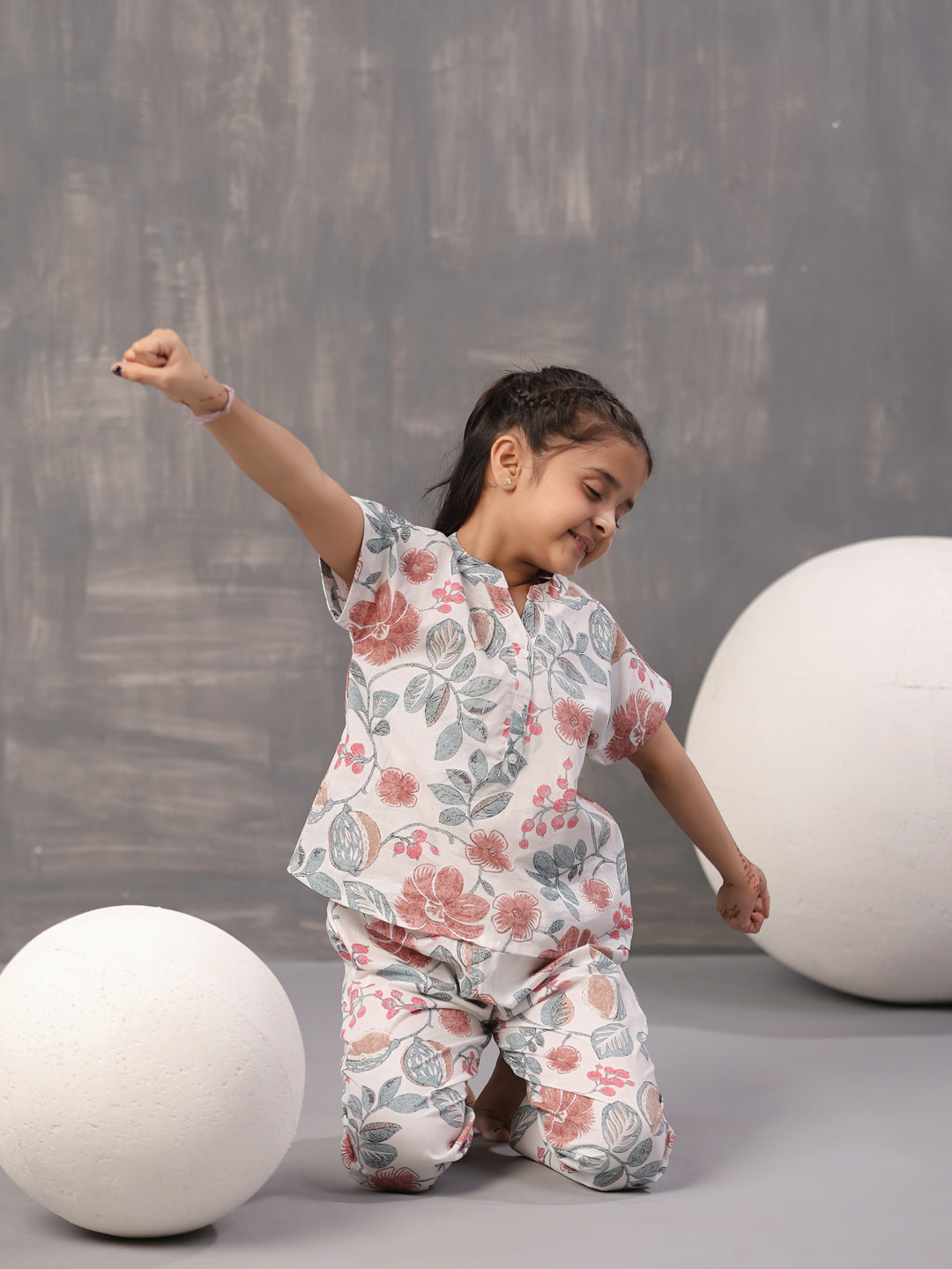 Multi Flower and Leaf Printed Cotton Kids Night Suits - SanskrutiHomes 