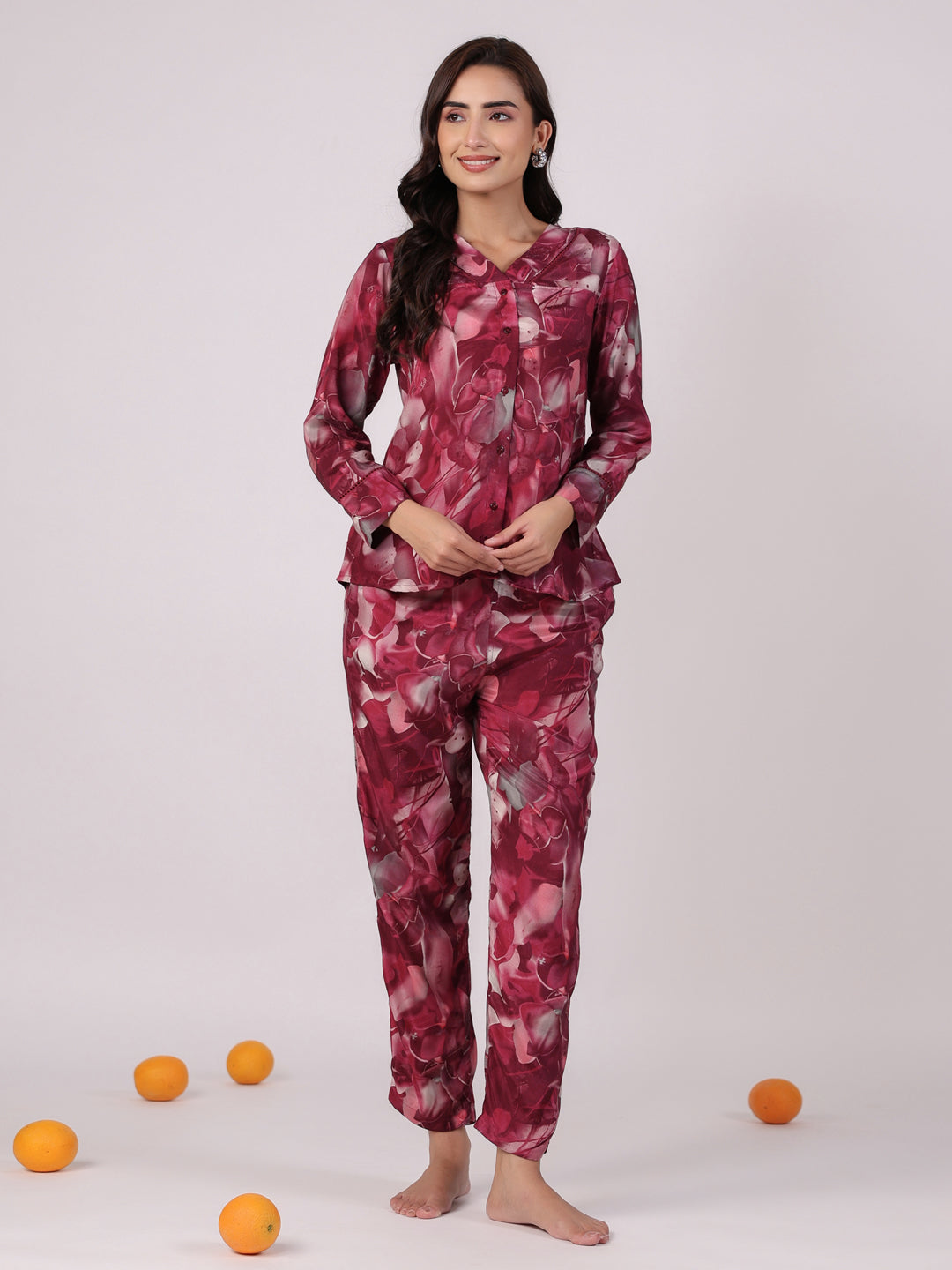 Floral Printed Megenta Color Night Suit Set