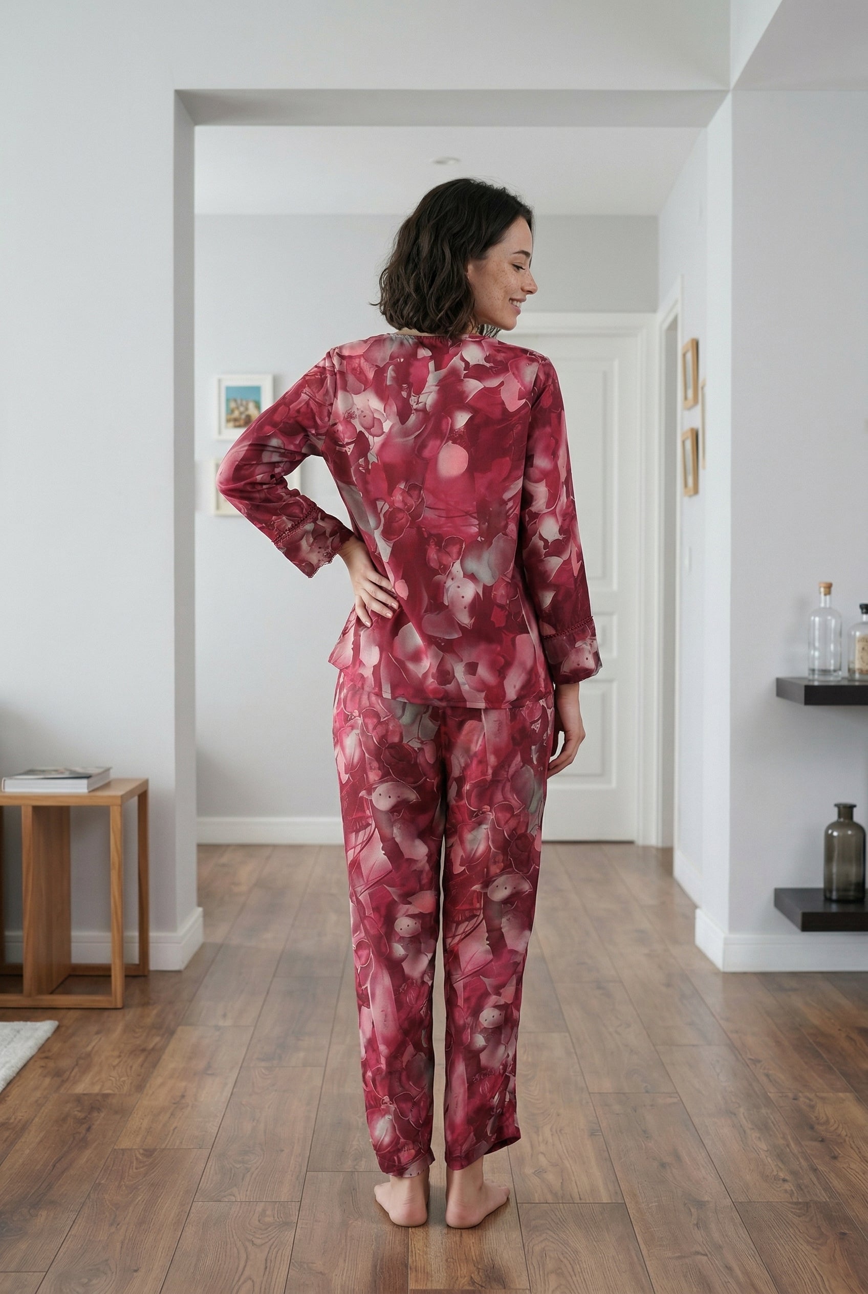 Magenta Lapel Collar Abstract Print Cotton Night Suit For Women