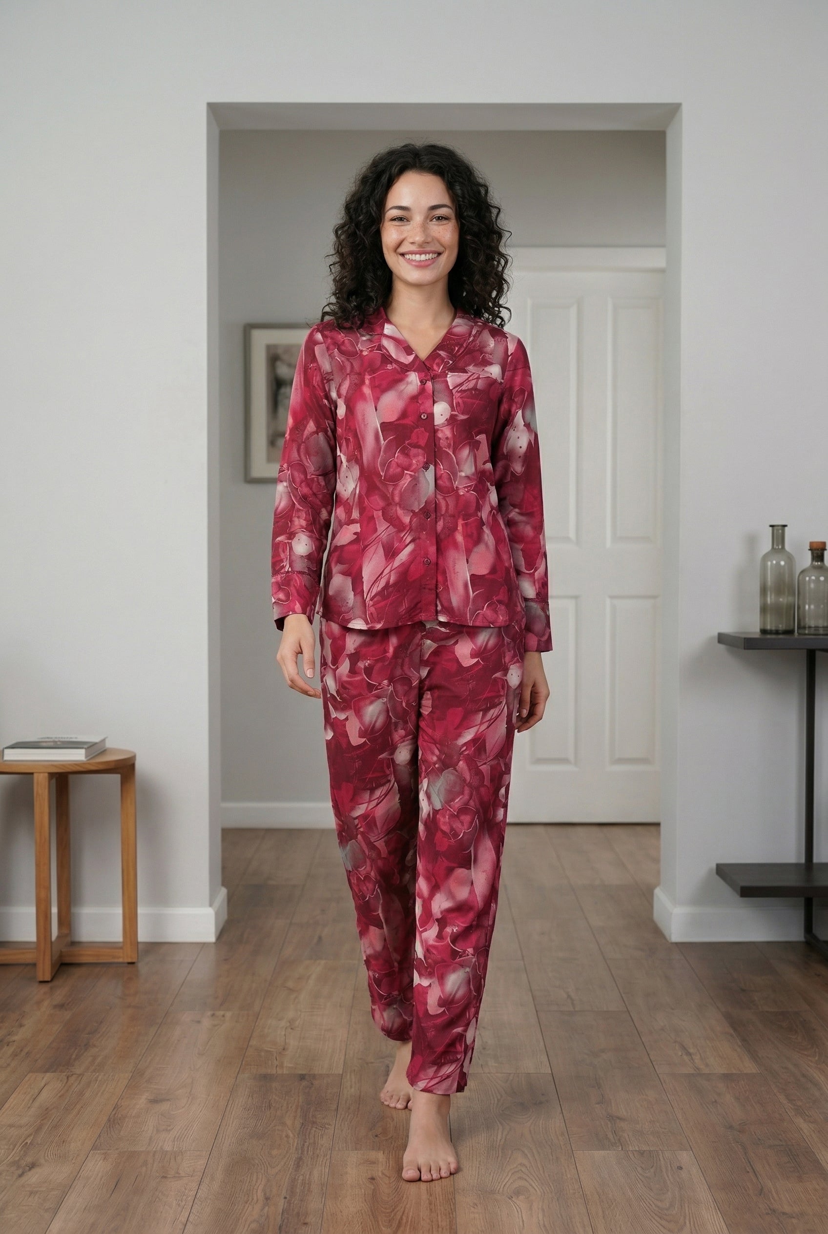 Magenta Lapel Collar Abstract Print Cotton Night Suit For Women