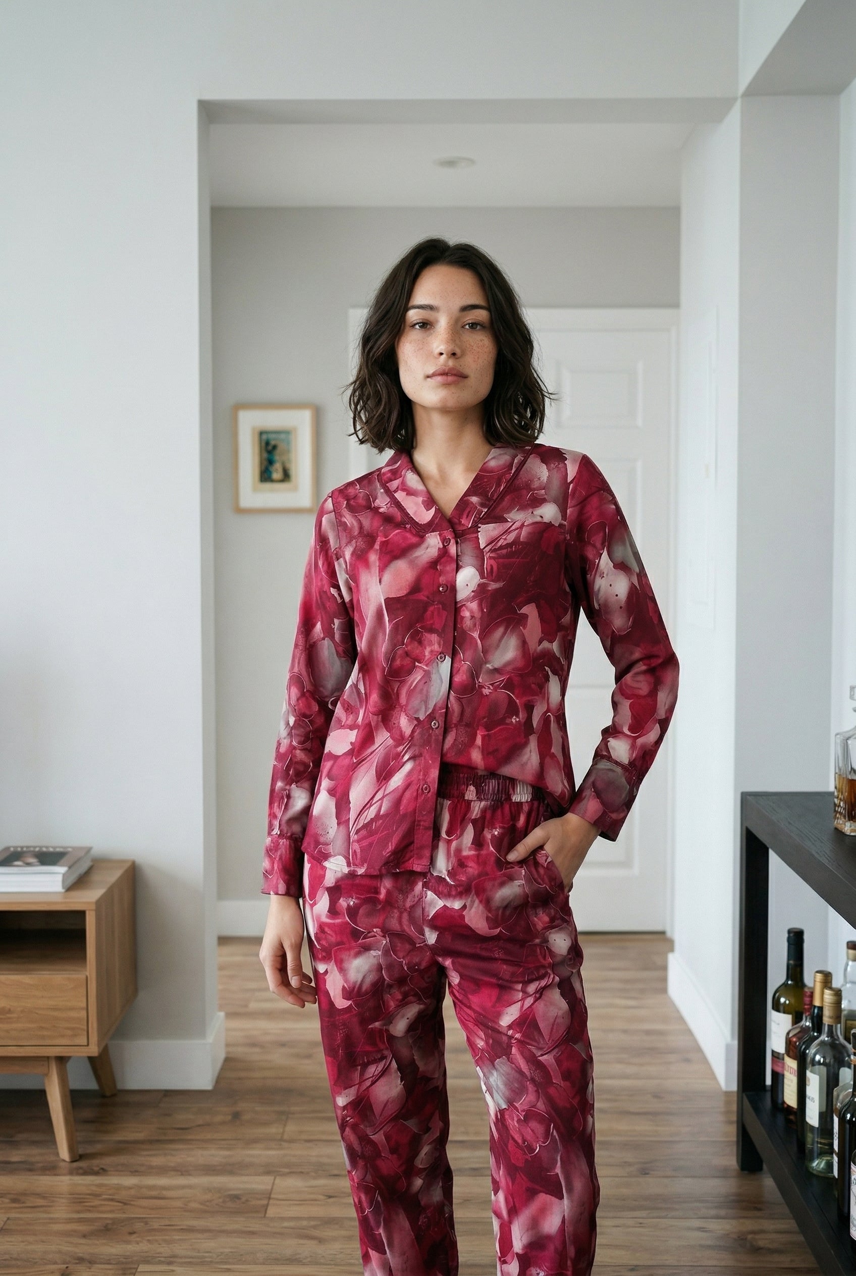 Magenta Lapel Collar Abstract Print Cotton Night Suit For Women