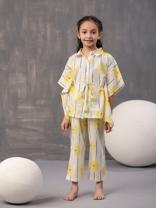 Yellow Floral Printed Cotton Night Suit for Kids