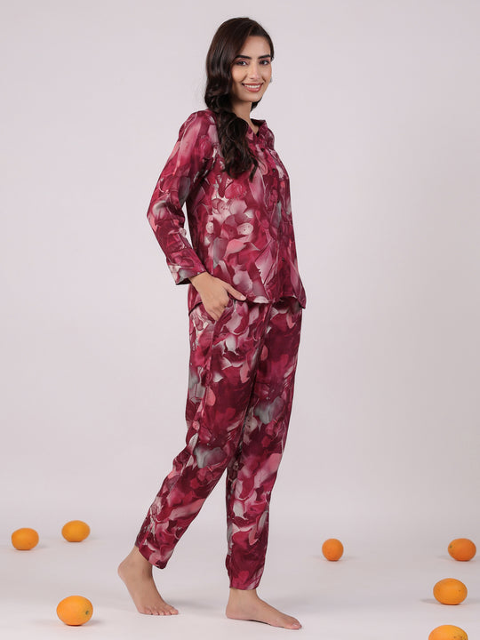 Floral Printed Megenta Color Night Suit Set