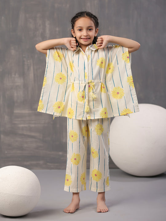 Yellow Floral Printed Cotton Night Suit for Kids