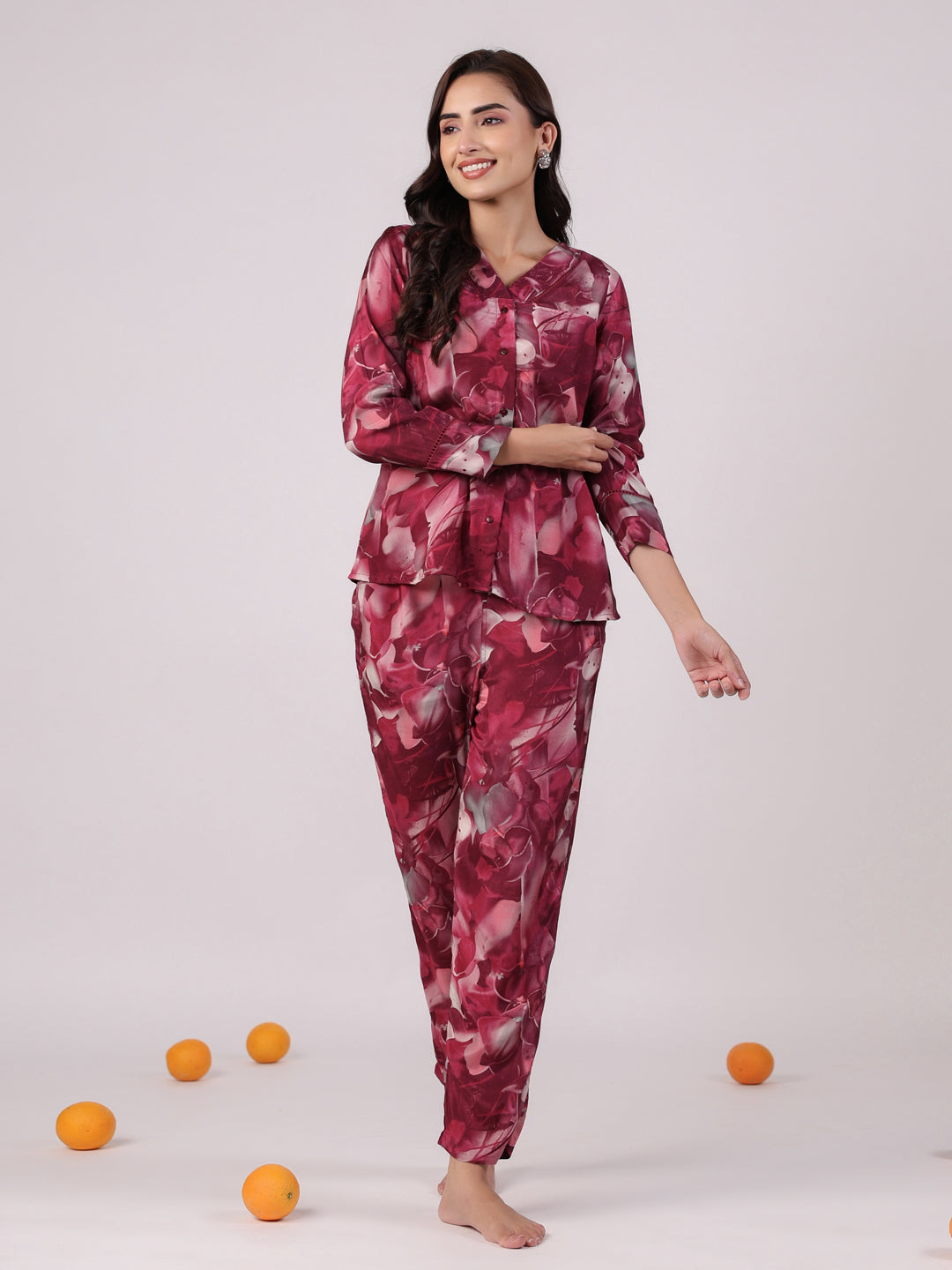 Floral Printed Megenta Color Night Suit Set - SanskrutiHomes 