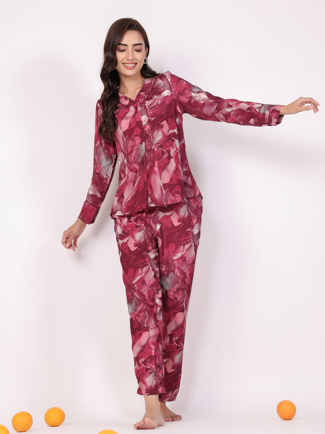 Floral Printed Megenta Color Night Suit Set