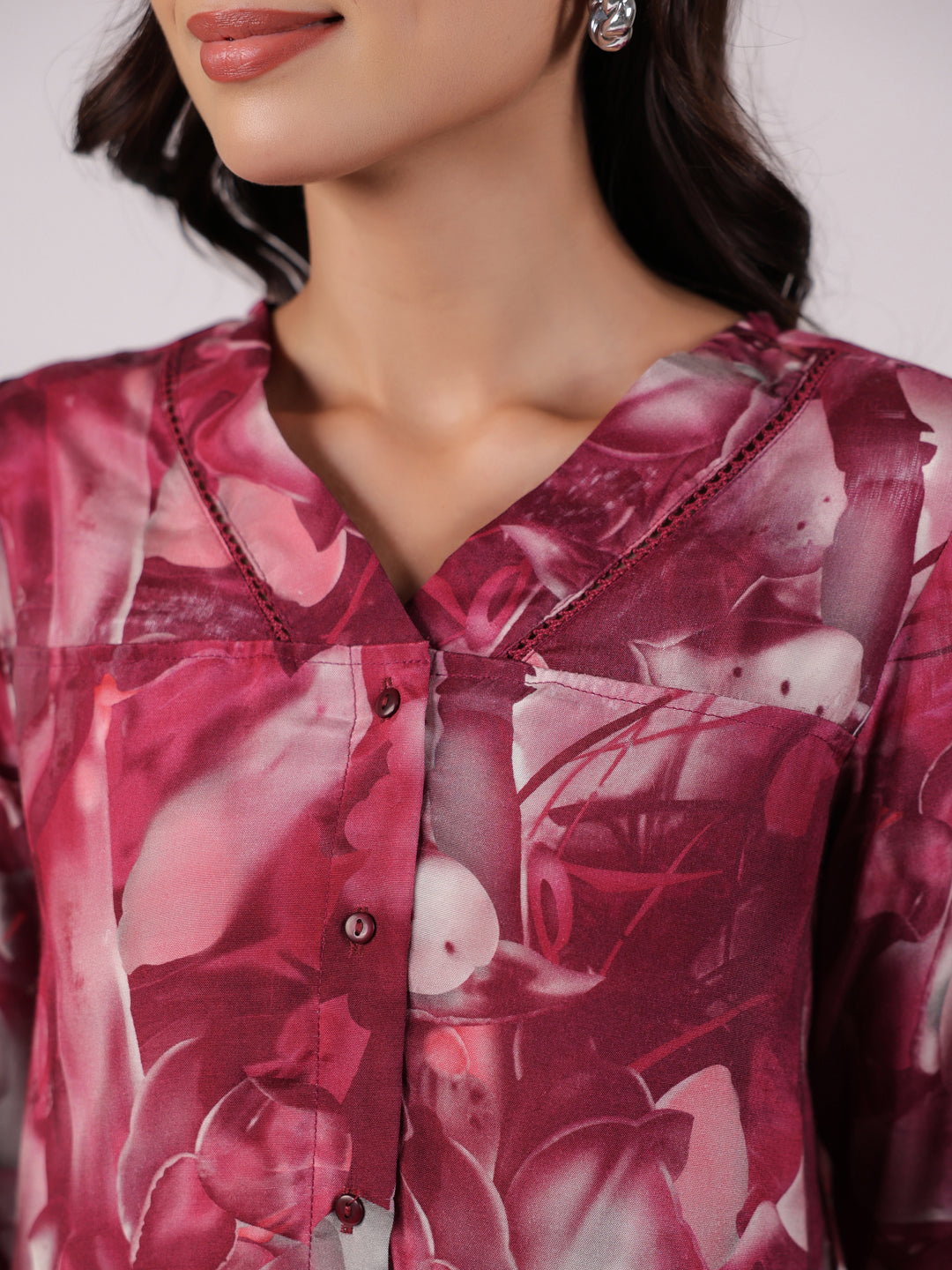 Floral Printed Megenta Color Night Suit Set