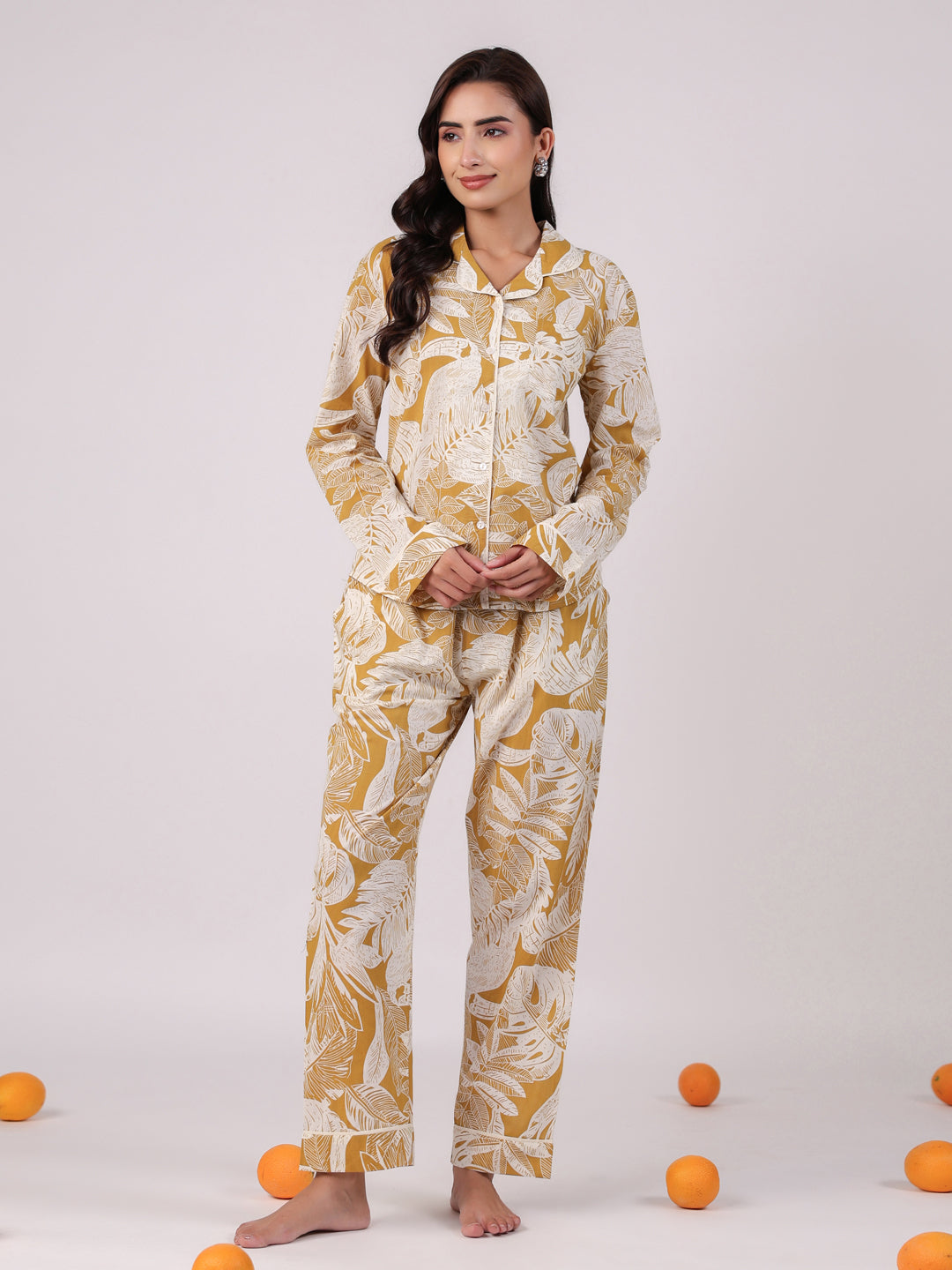 Yellow Cotton Printed Night Suit Set