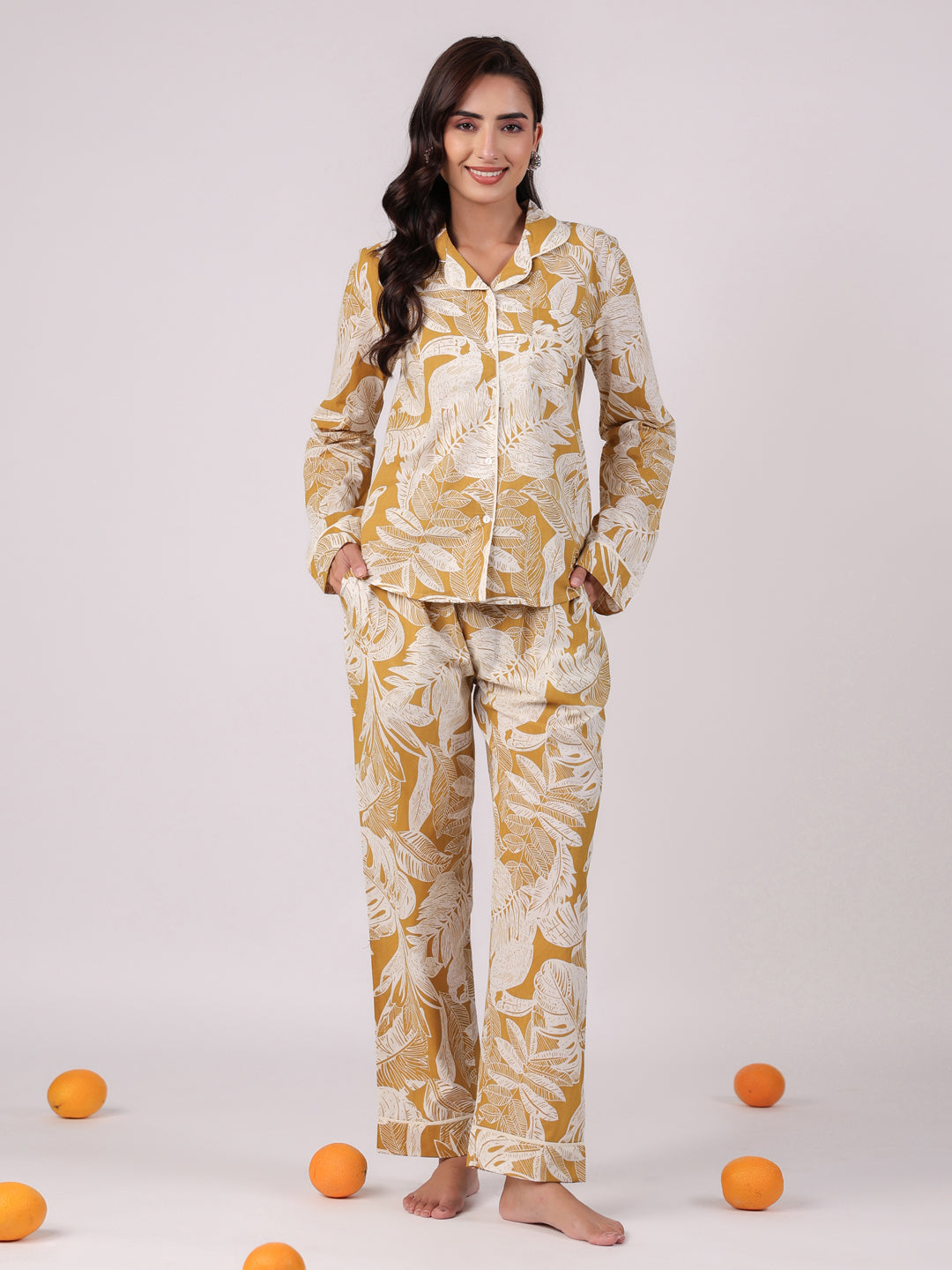 Yellow Cotton Printed Night Suit Set