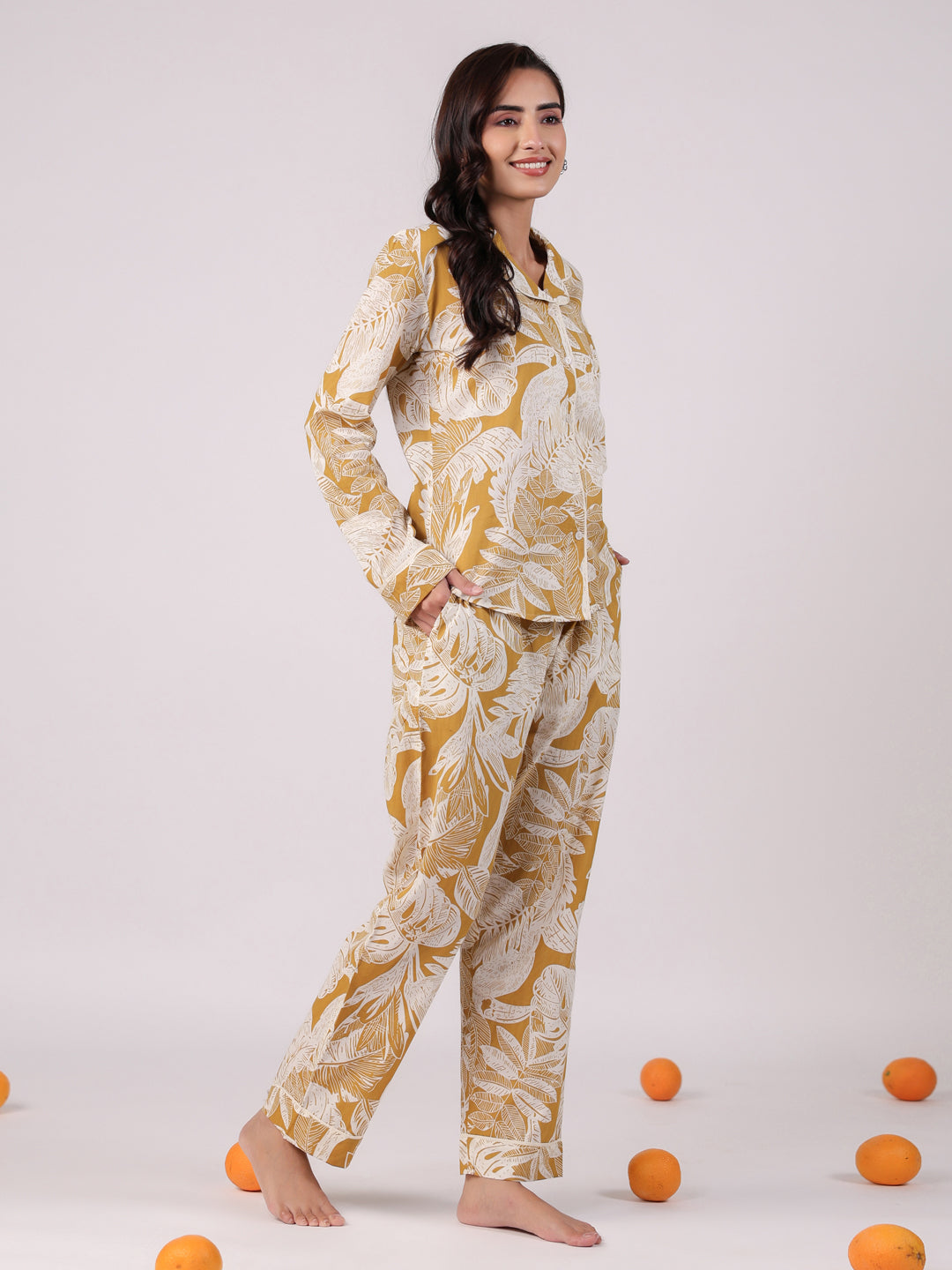 Yellow Cotton Printed Night Suit Set