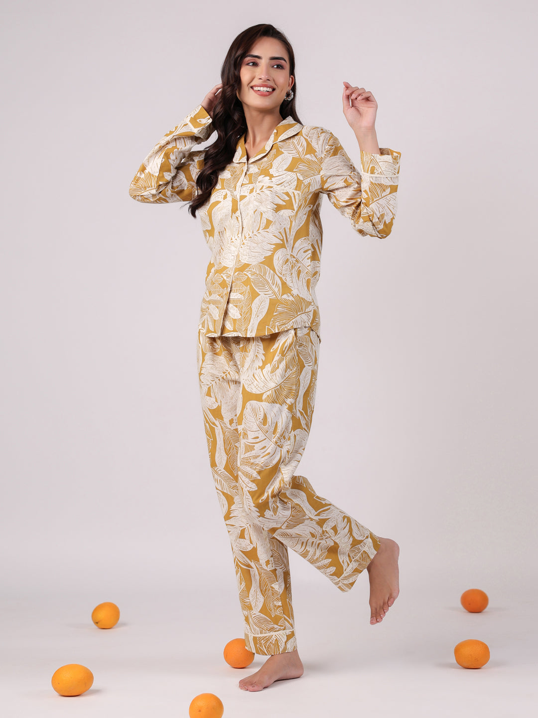 Yellow Cotton Printed Night Suit Set