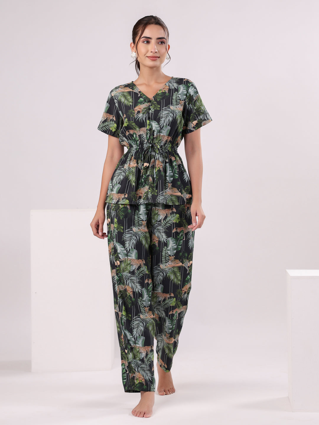 Black Flower Printed Night Suit Set - SanskrutiHomes 