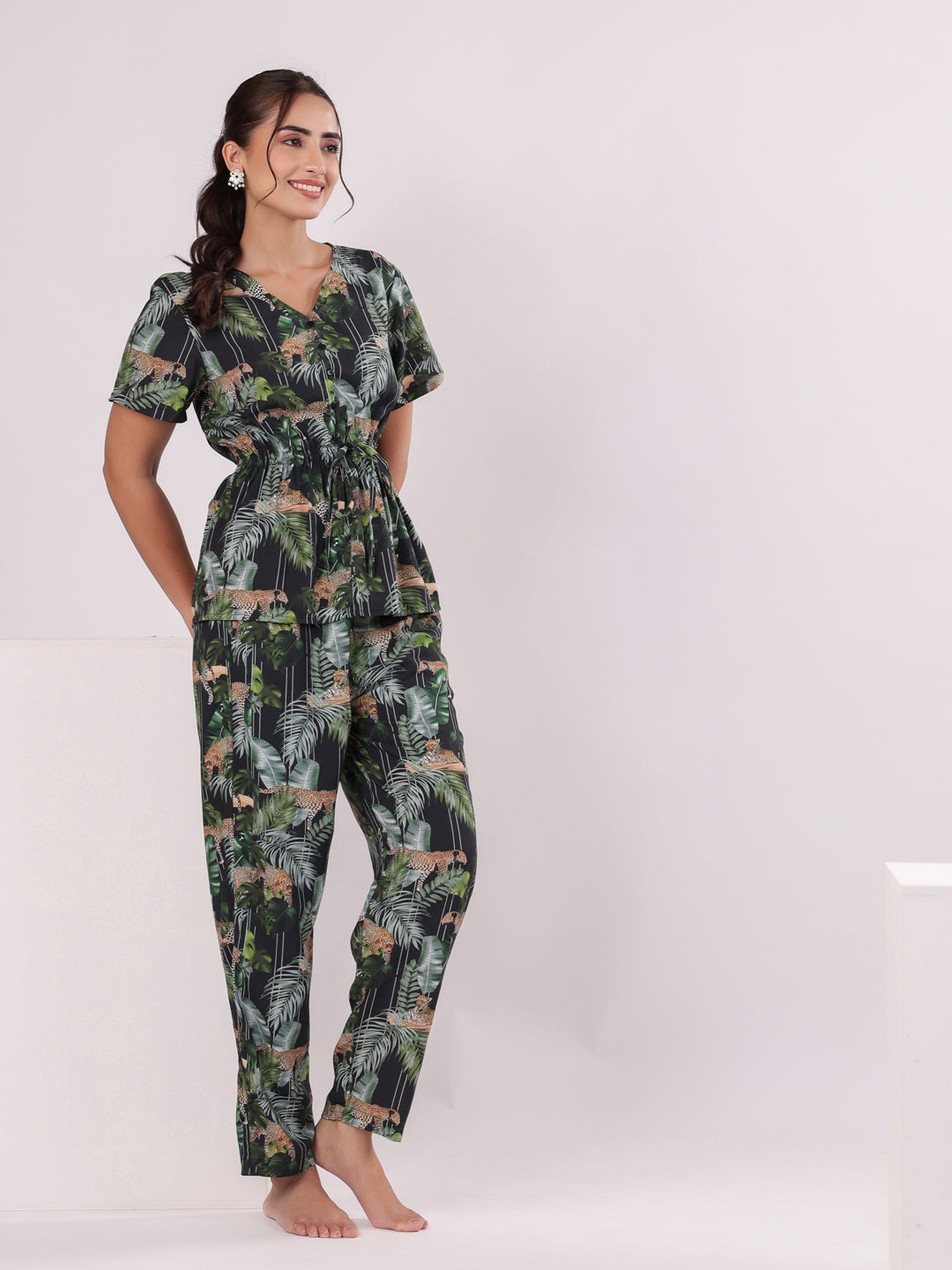 Black Flower Printed Night Suit Set - SanskrutiHomes 