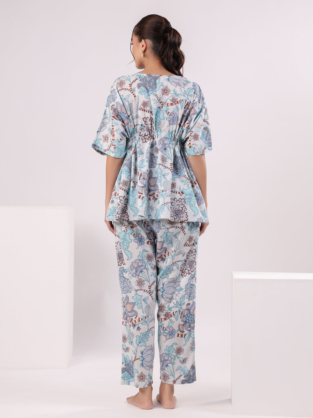 Blue Printed Kaftan Night Suit Set for Women - SanskrutiHomes 