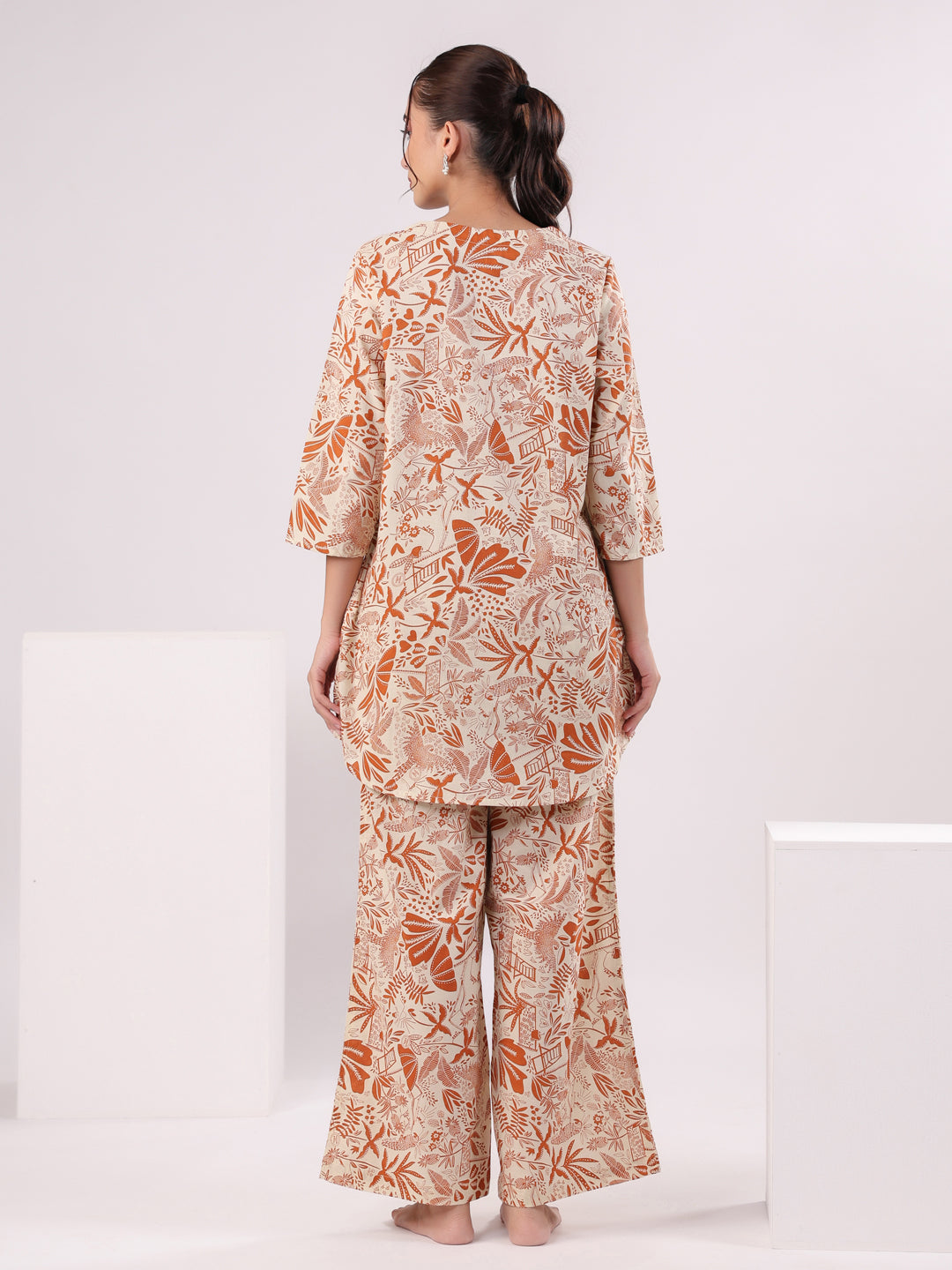 Orange Printed Cotton Night Suit Set