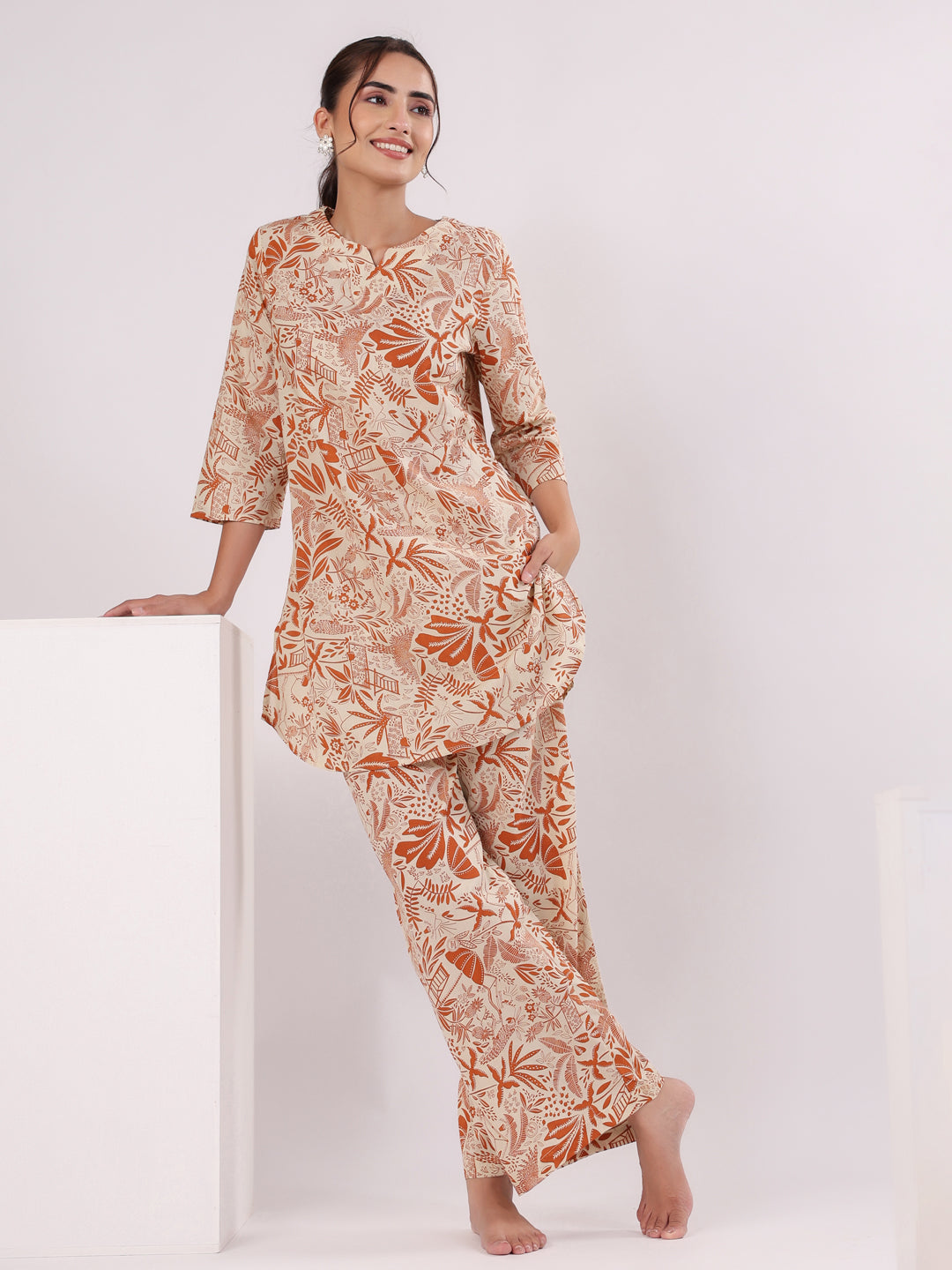 Orange Printed Cotton Night Suit Set