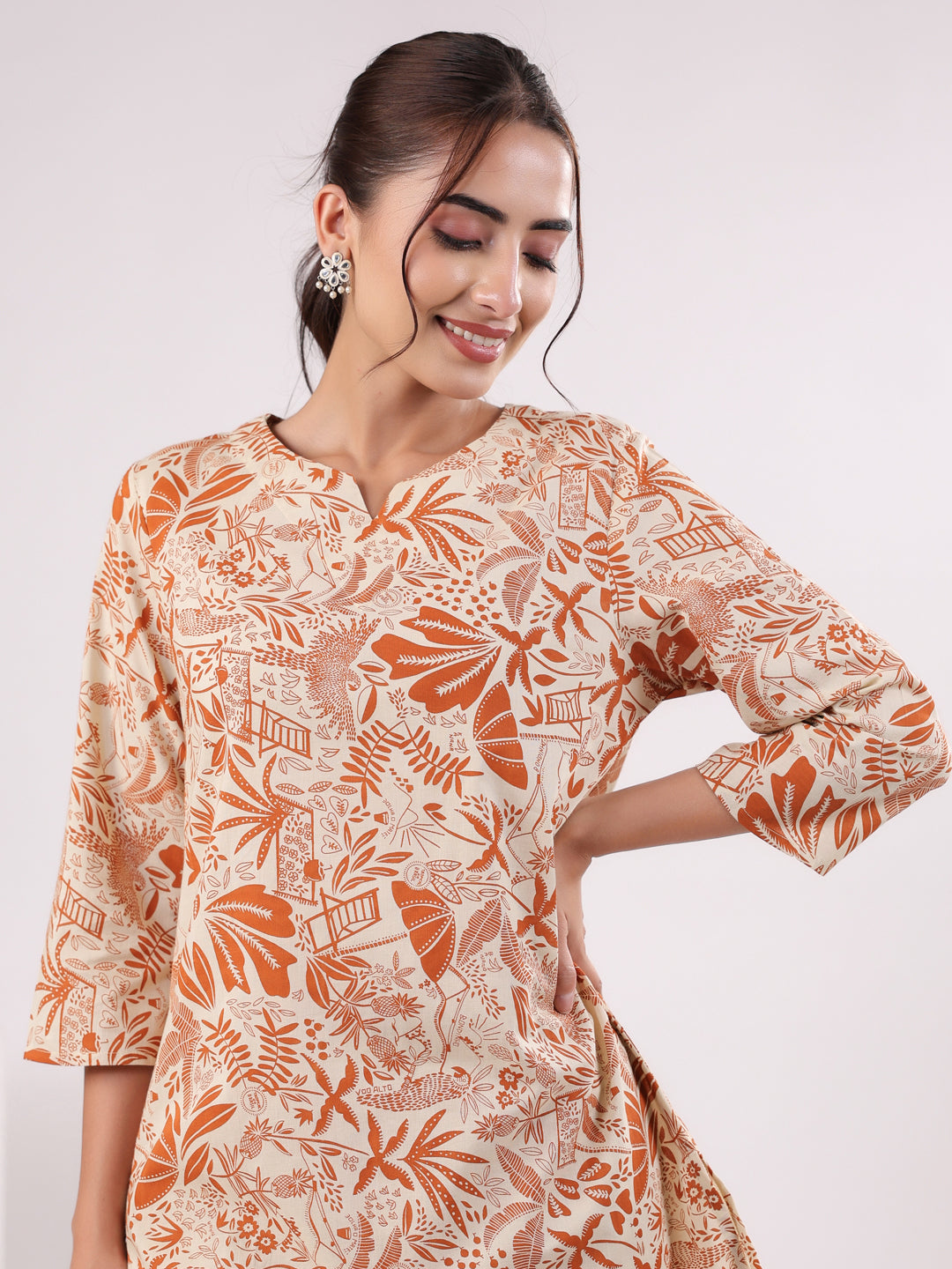 Orange Printed Cotton Night Suit Set