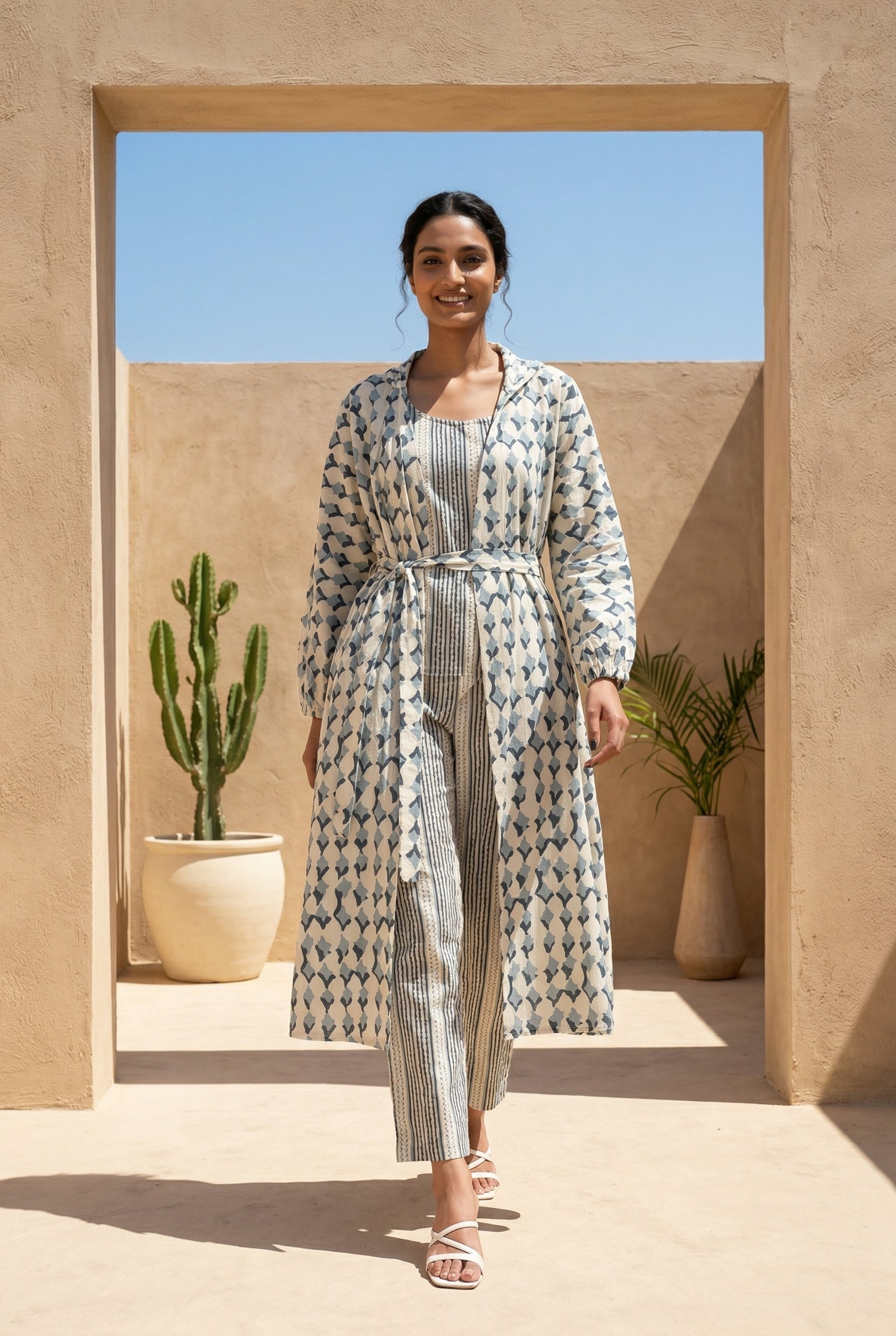 Grey Color Striped Print Pure Cotton Night Suit For Women