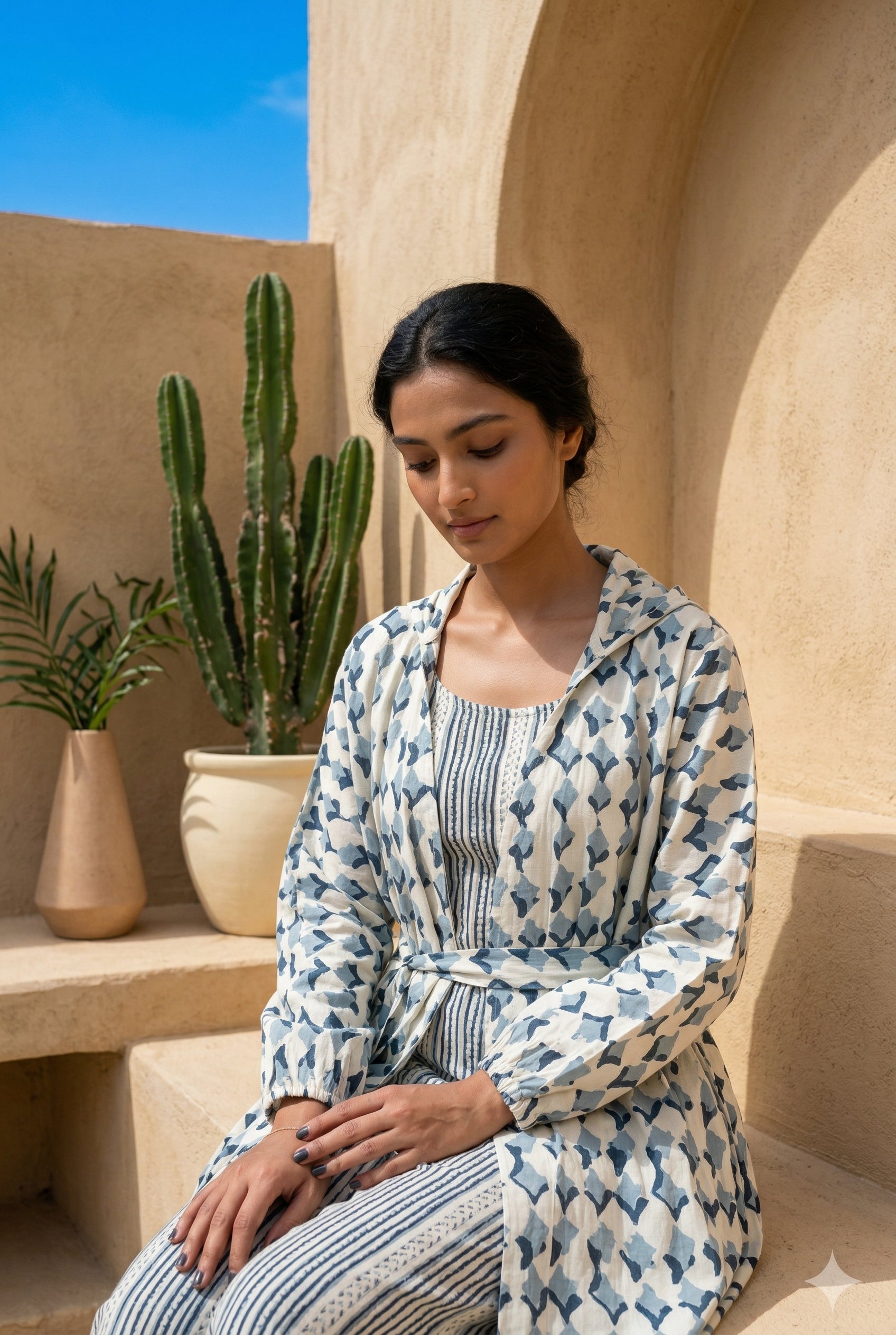 Grey Color Striped Print Pure Cotton Night Suit For Women