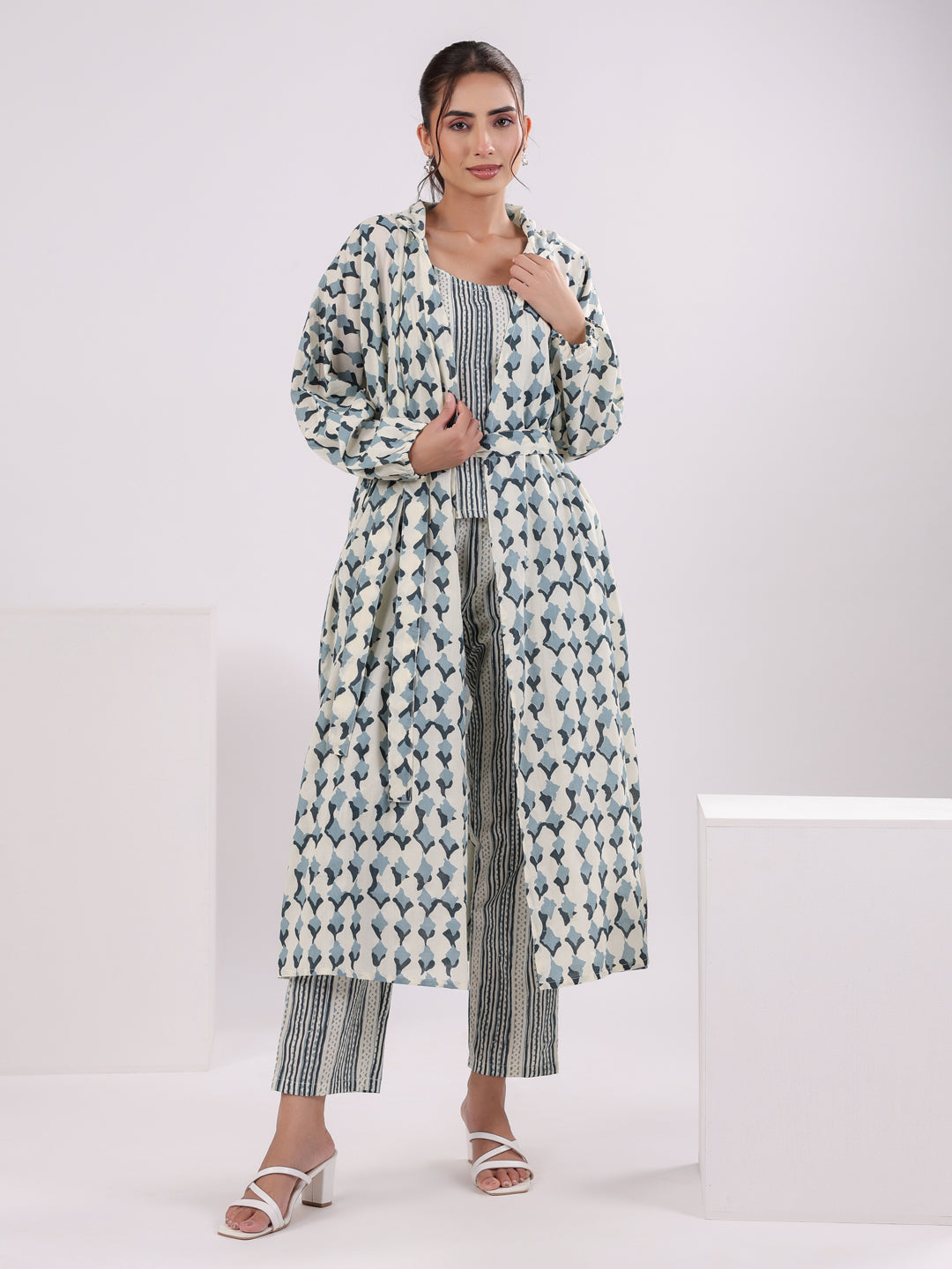Blue & White 3 Piece Robe Loungewear Set