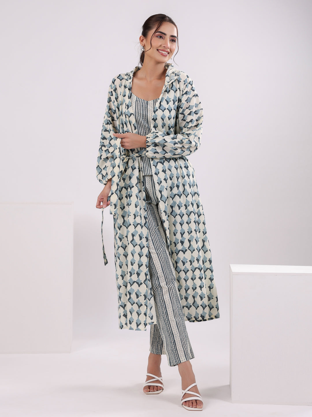 Blue & White 3 Piece Robe Loungewear Set