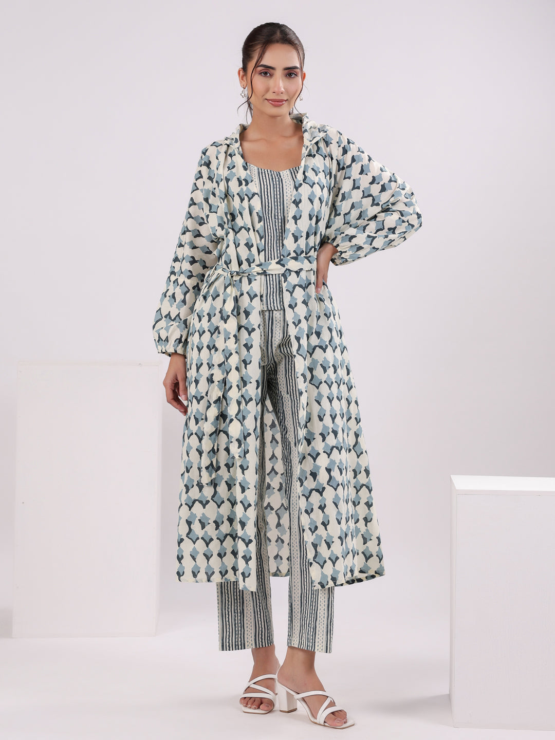 Blue & White 3 Piece Robe Loungewear Set