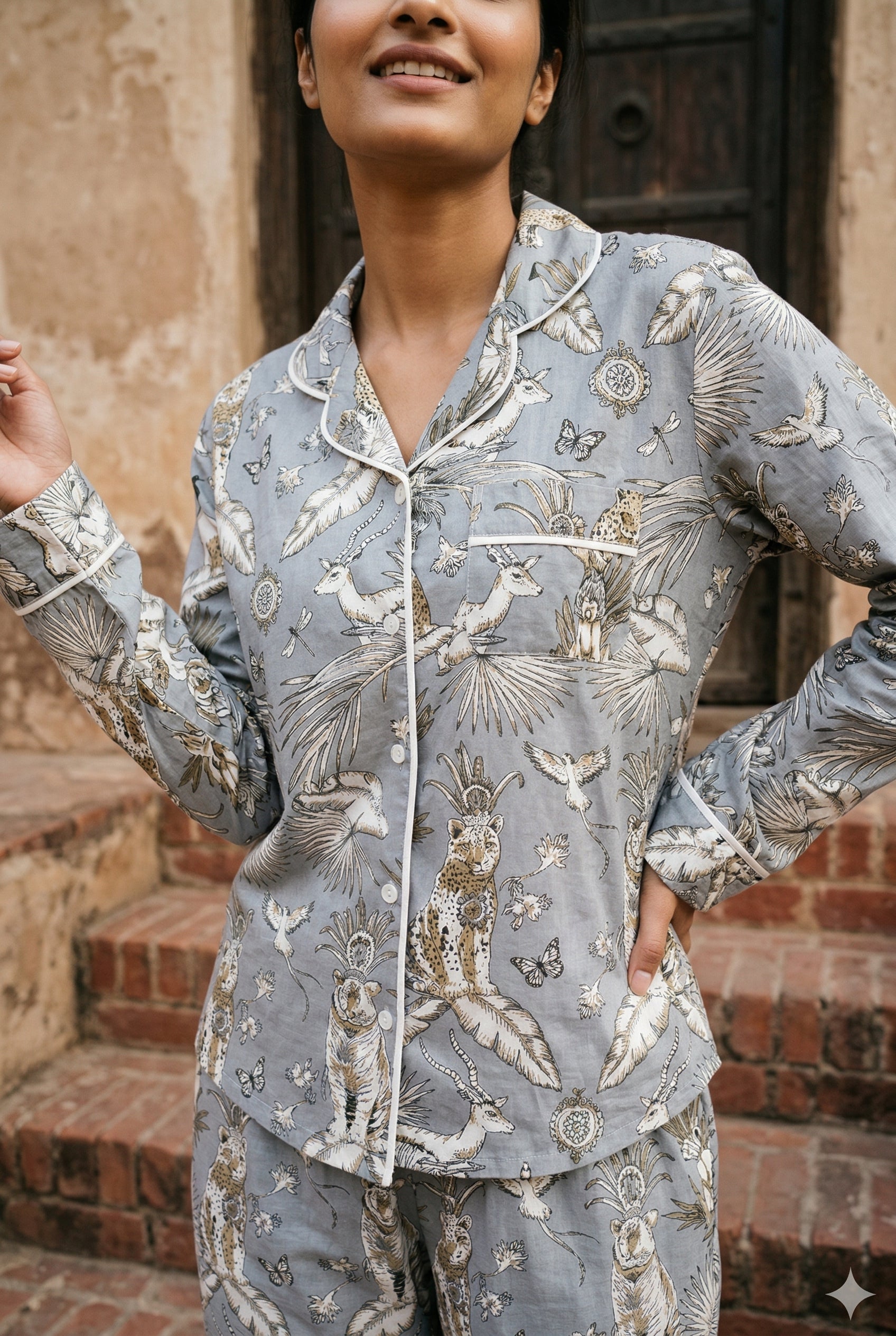 Grey Animal Print Lapel Collar Cotton Night Suit For Women