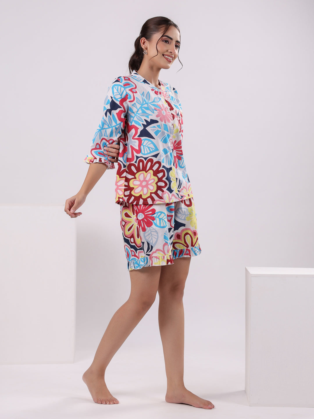 Parrot Green Cotton  Floral Printed With Peter Pan Collar Night Suit Set