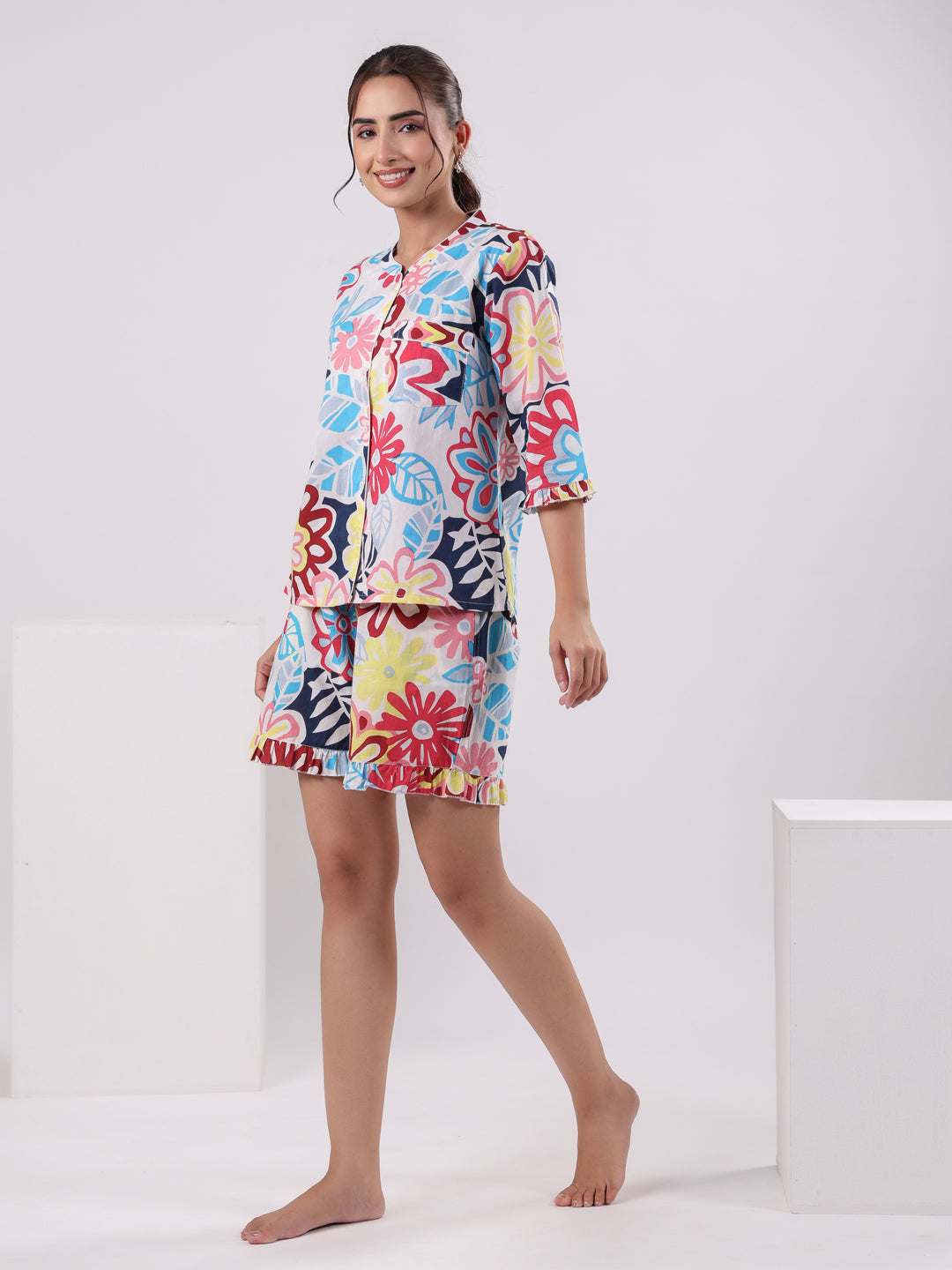 Parrot Green Cotton  Floral Printed With Peter Pan Collar Night Suit Set