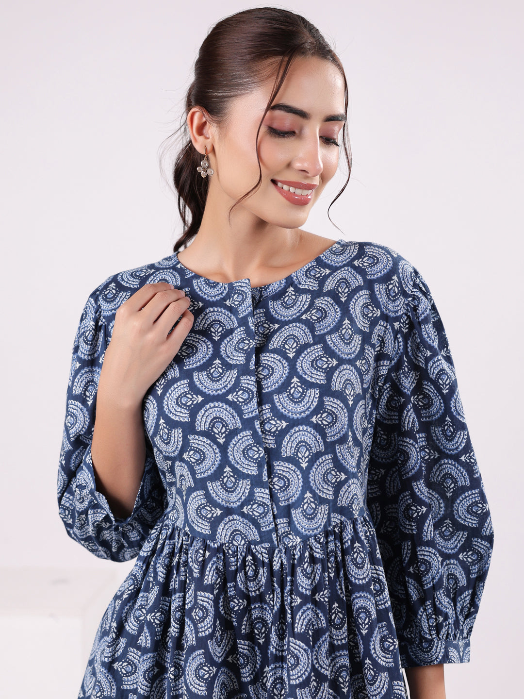 Women Floral Print Puff Sleeve Dress - SanskrutiHomes 