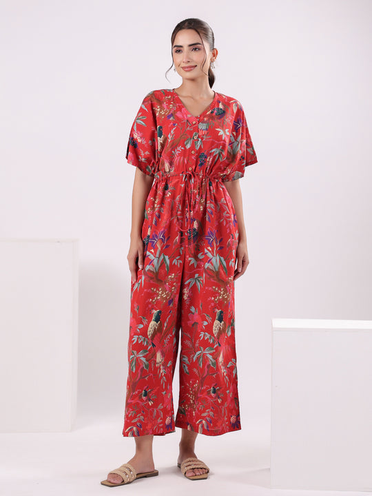 Red Floral Printed Jumpsuit for Women