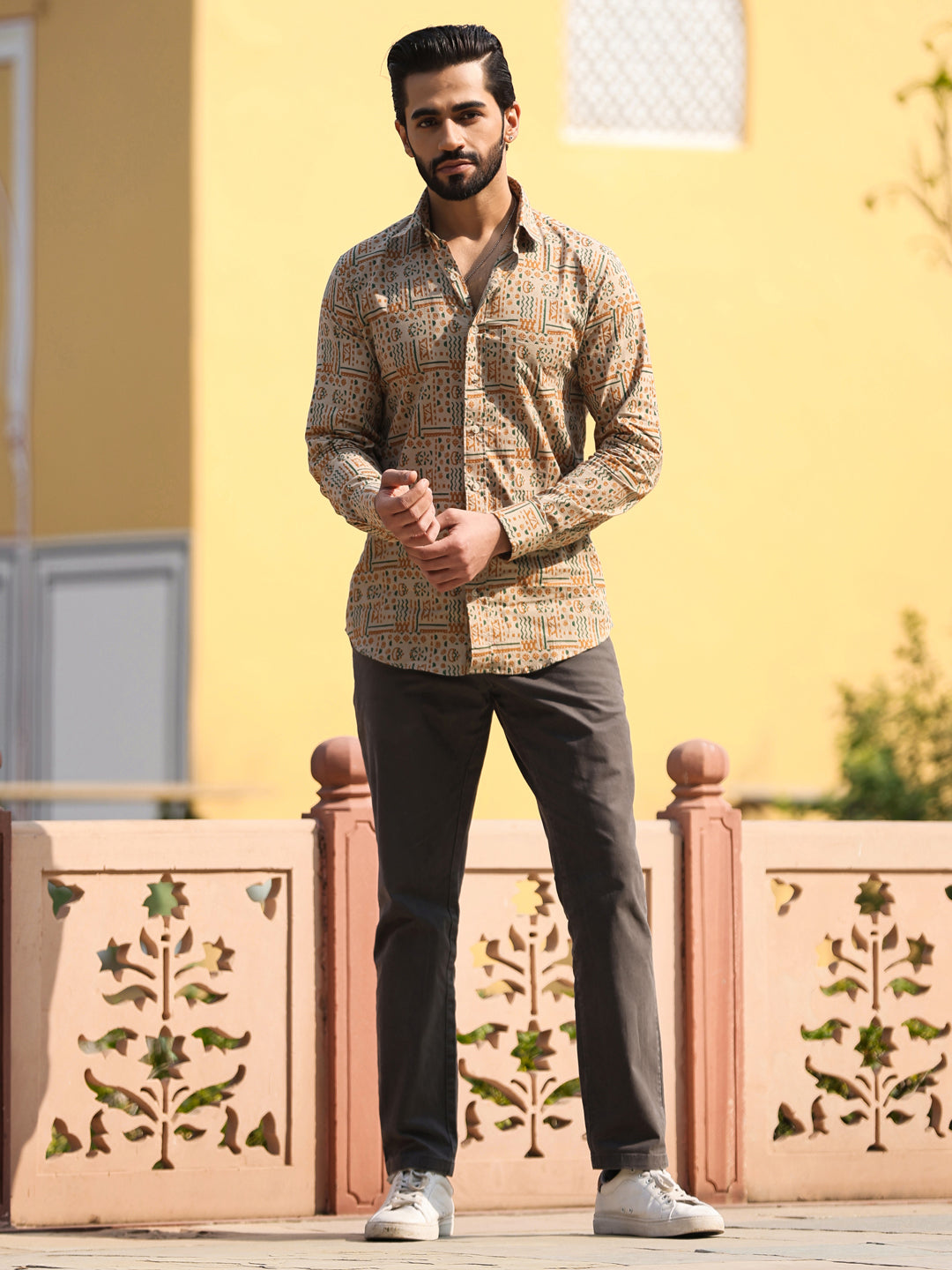 Men's Floral Print Pure Cotton Beige Casual Shirt