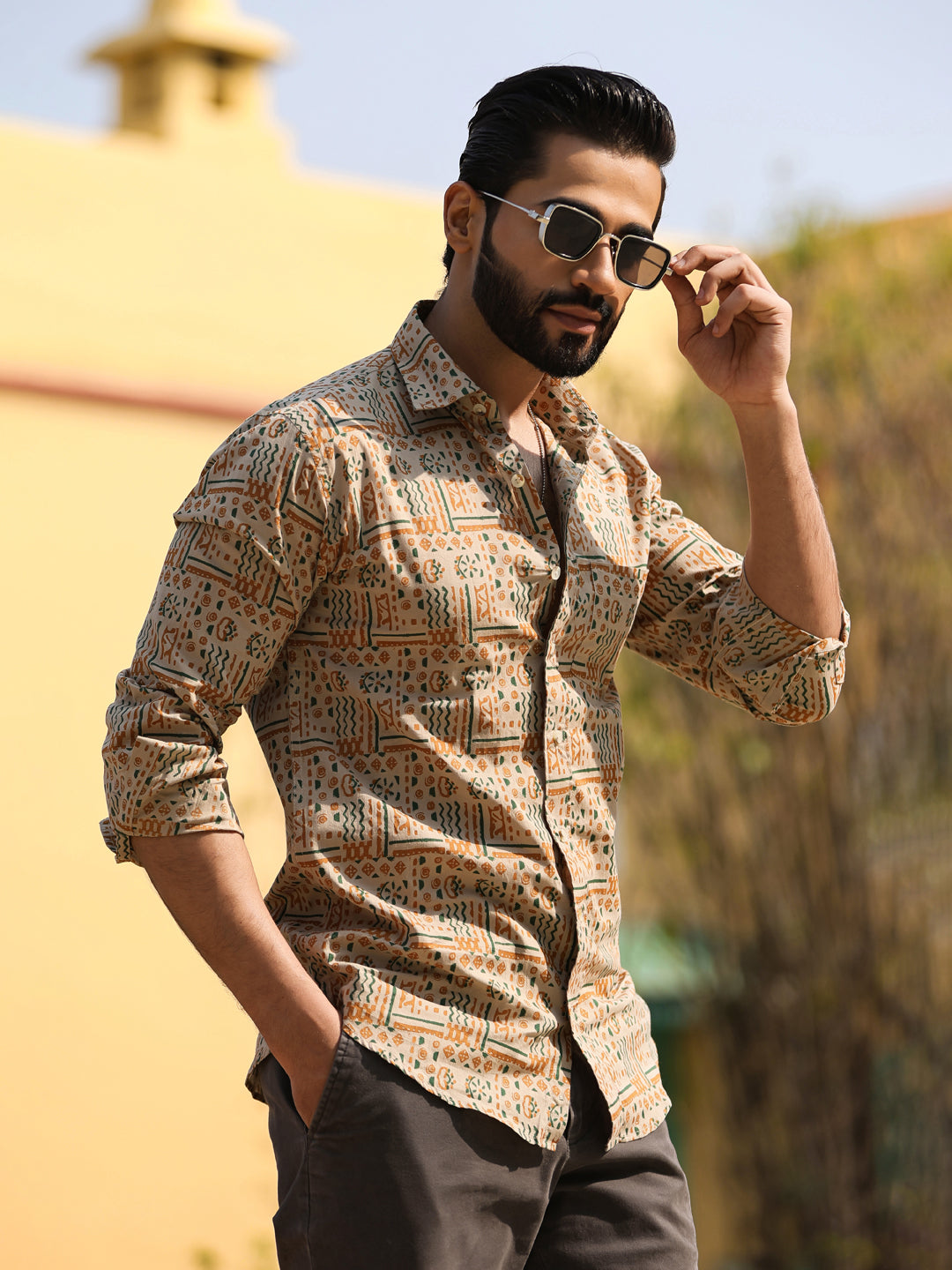 Men's Floral Print Pure Cotton Beige Casual Shirt - SanskrutiHomes 